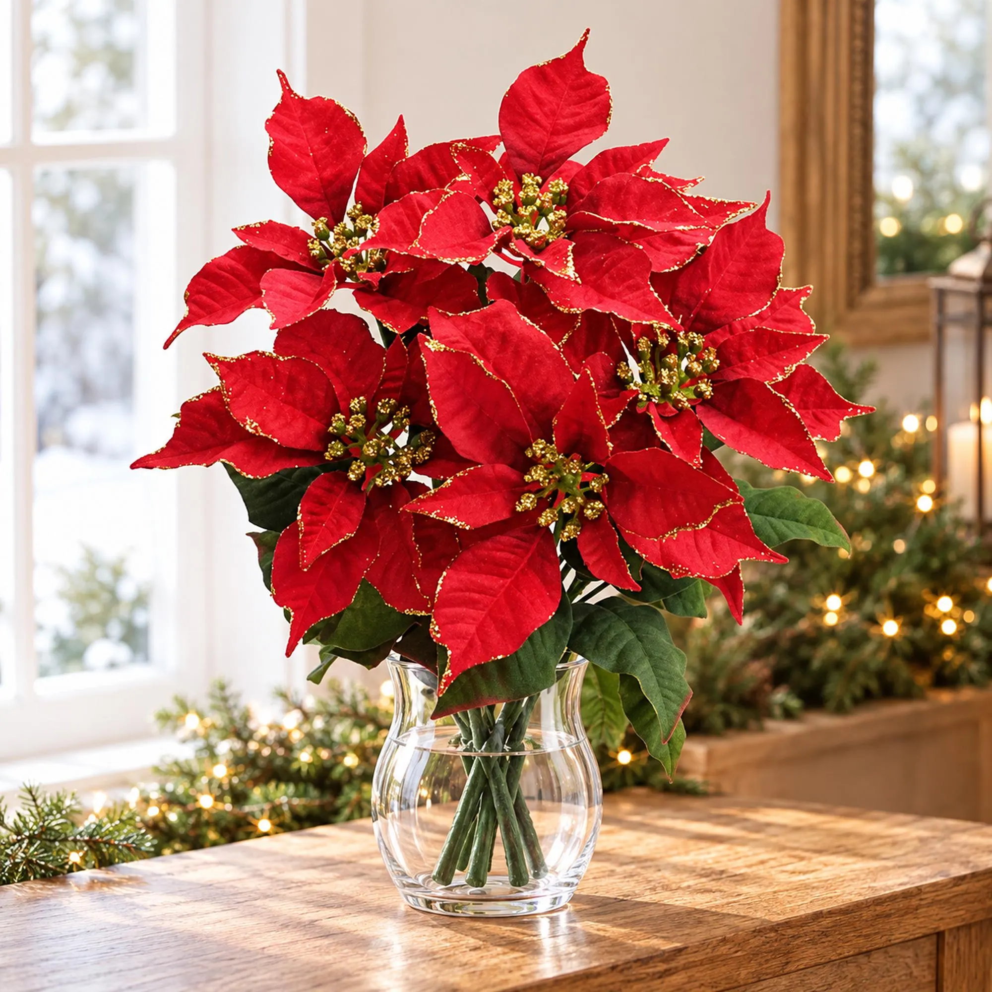 Red Poinsettia Bush With Gold Edges, 17 Inch Artificial Christmas Flower Arrangement Supply