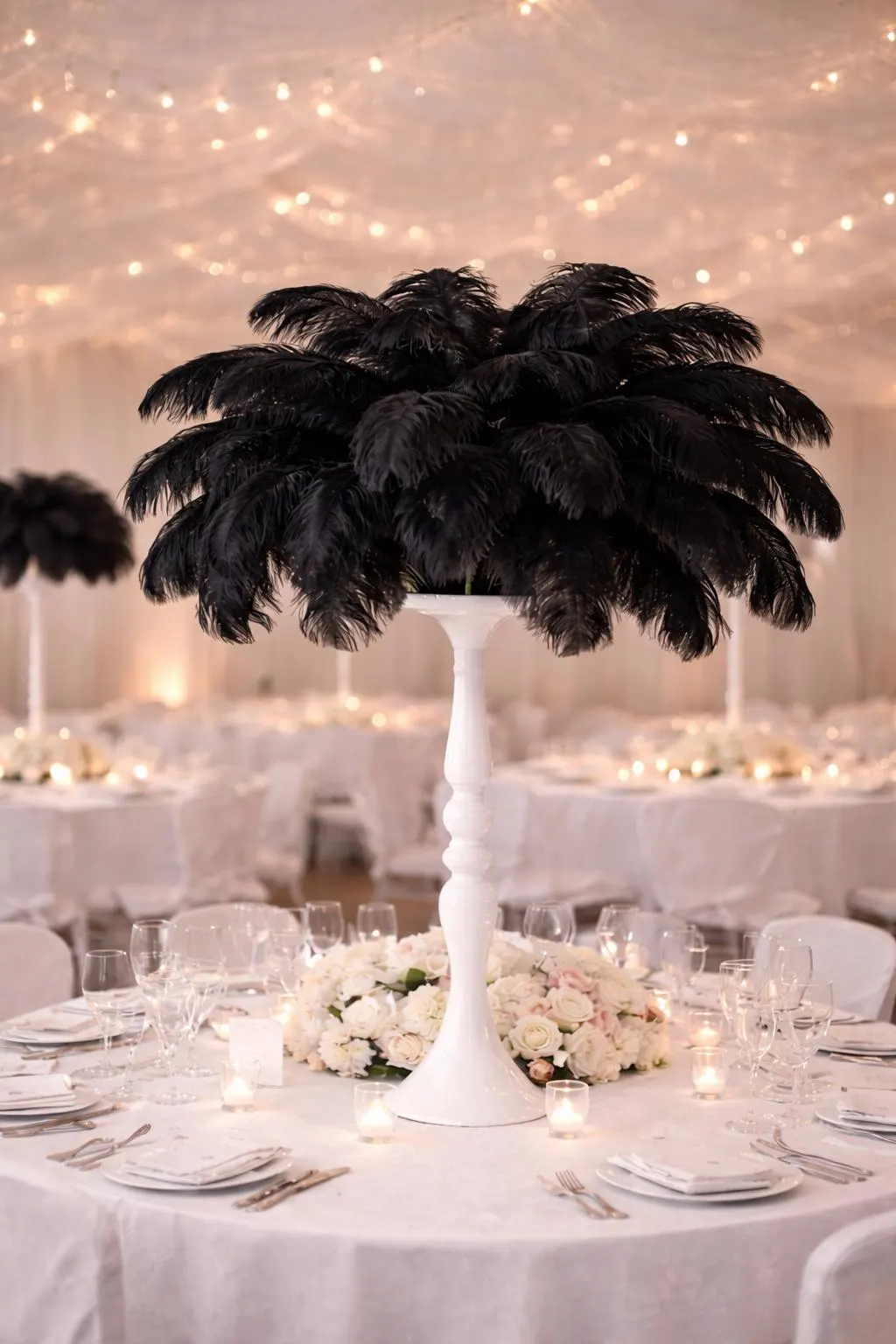 Black Ostrich Feather Centerpiece on Pedestal Stand | Wedding Table Decor | Luxury Reception Centerpiece