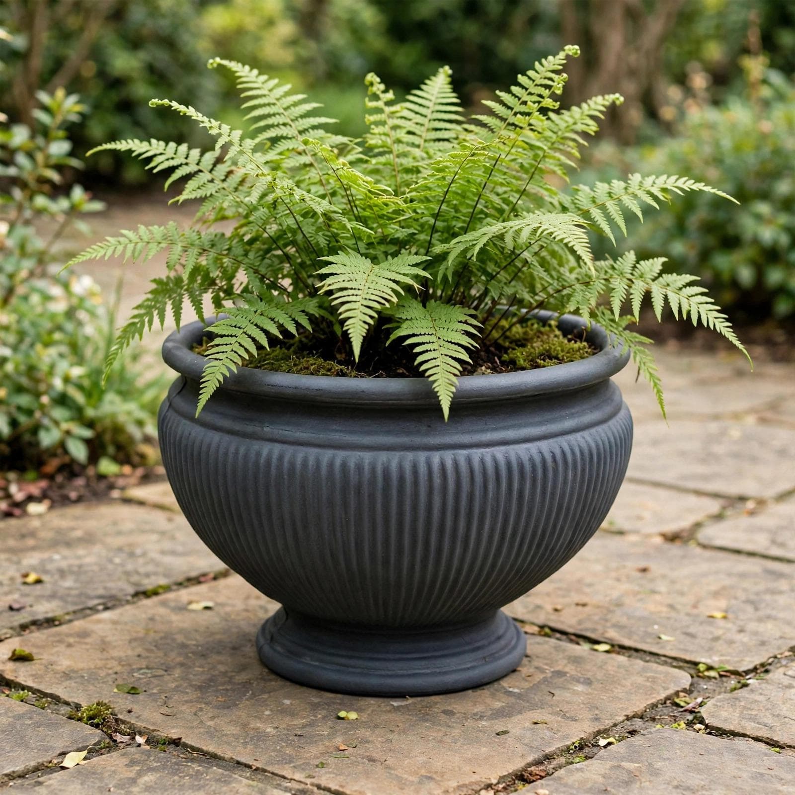 Eco Plastic Mezzo Urn Slate 16x11.4 Inch | Ribbed Bowl Urn Pedestal Foot | Garden Planter