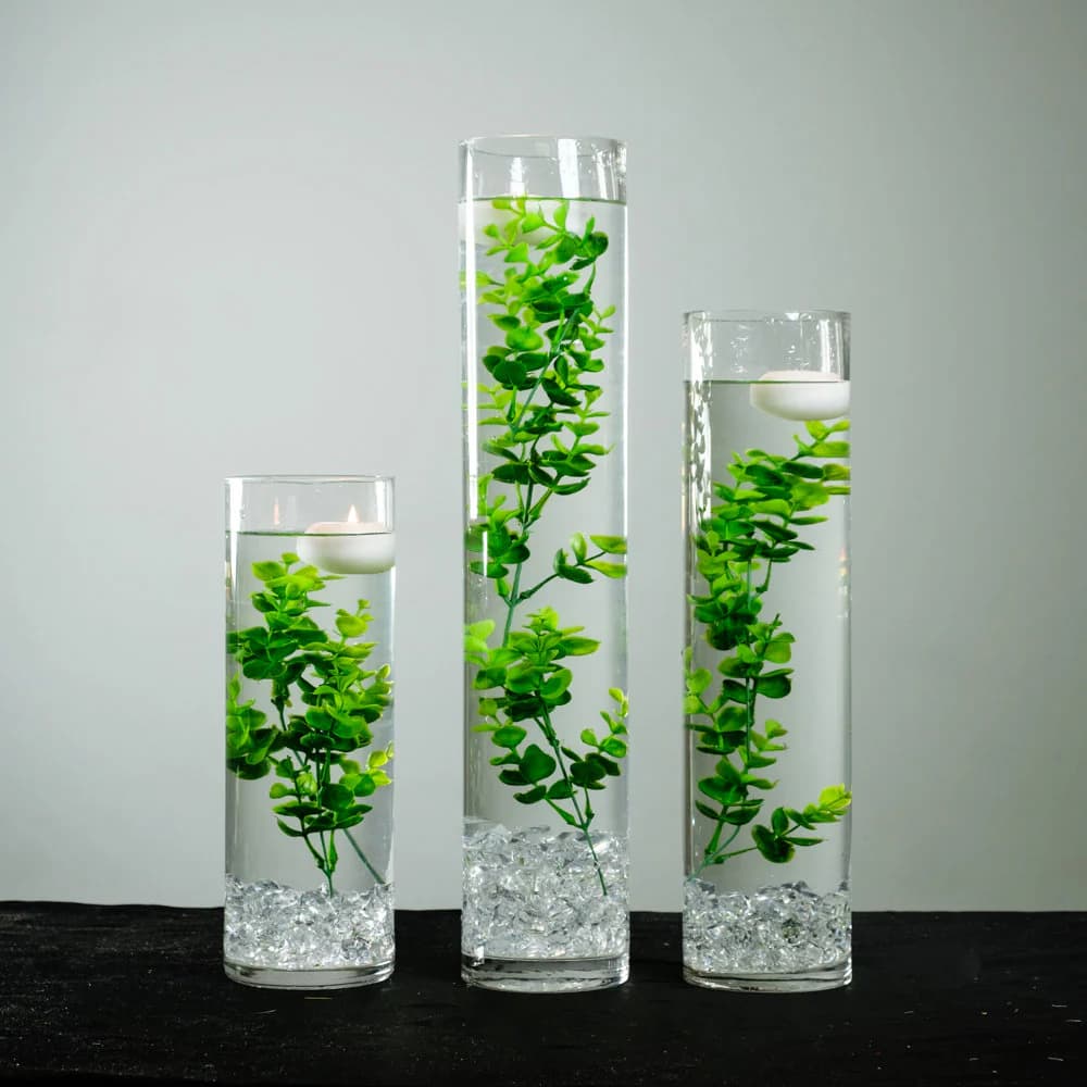 Submersible Evergreen Eucalyptus Floral Wedding Centerpiece with Floating Candles and Acrylic Crystals Kit