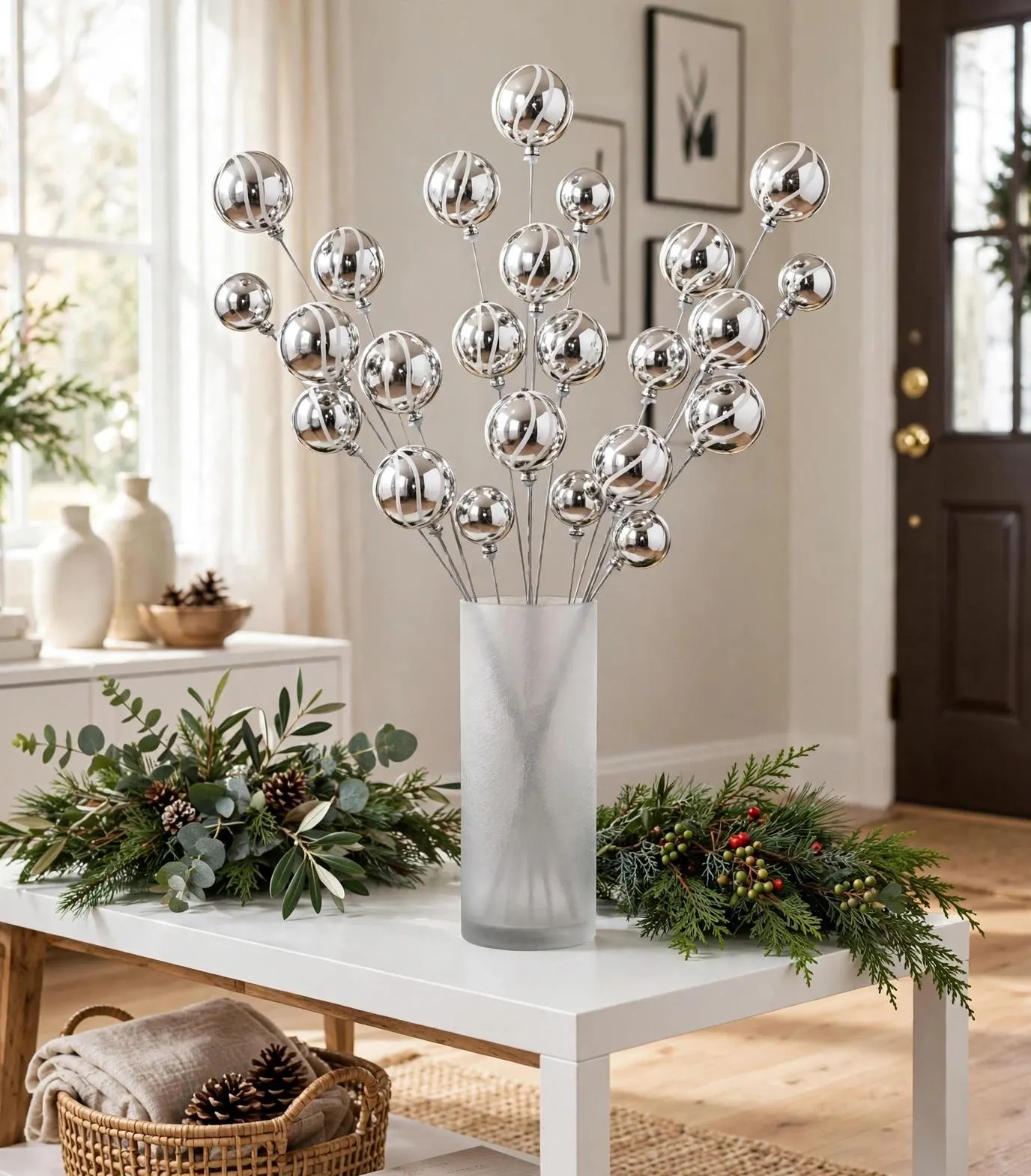 18 Inch Silver Ball Spray, 8 Shiny Mirror Balls | Christmas Tree Pick | Holiday Floral Stem
