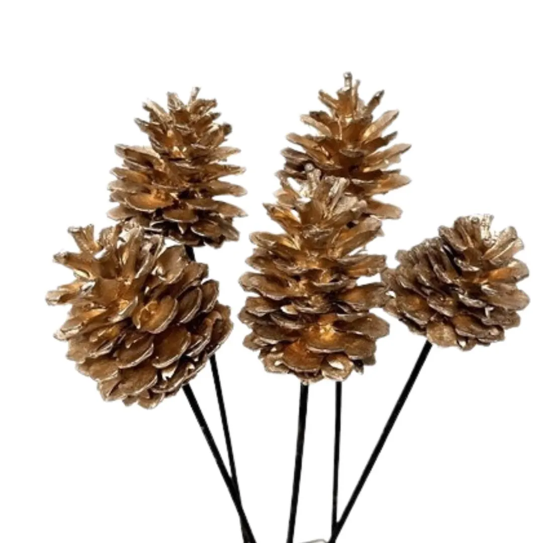 3"-4" Gold Pine Cones On Stems/Cones/Pine Cones On Sticks/Rustic Decor Idea/Rustic Bowl Filler/Wicker Decoration/Rustic Table Decor
