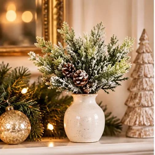 8.5-inch Flocked Cedar Pick with Cones for Christmas Wreaths, Garlands & Floral Arrangements, Seasonal Greenery Craft Supply