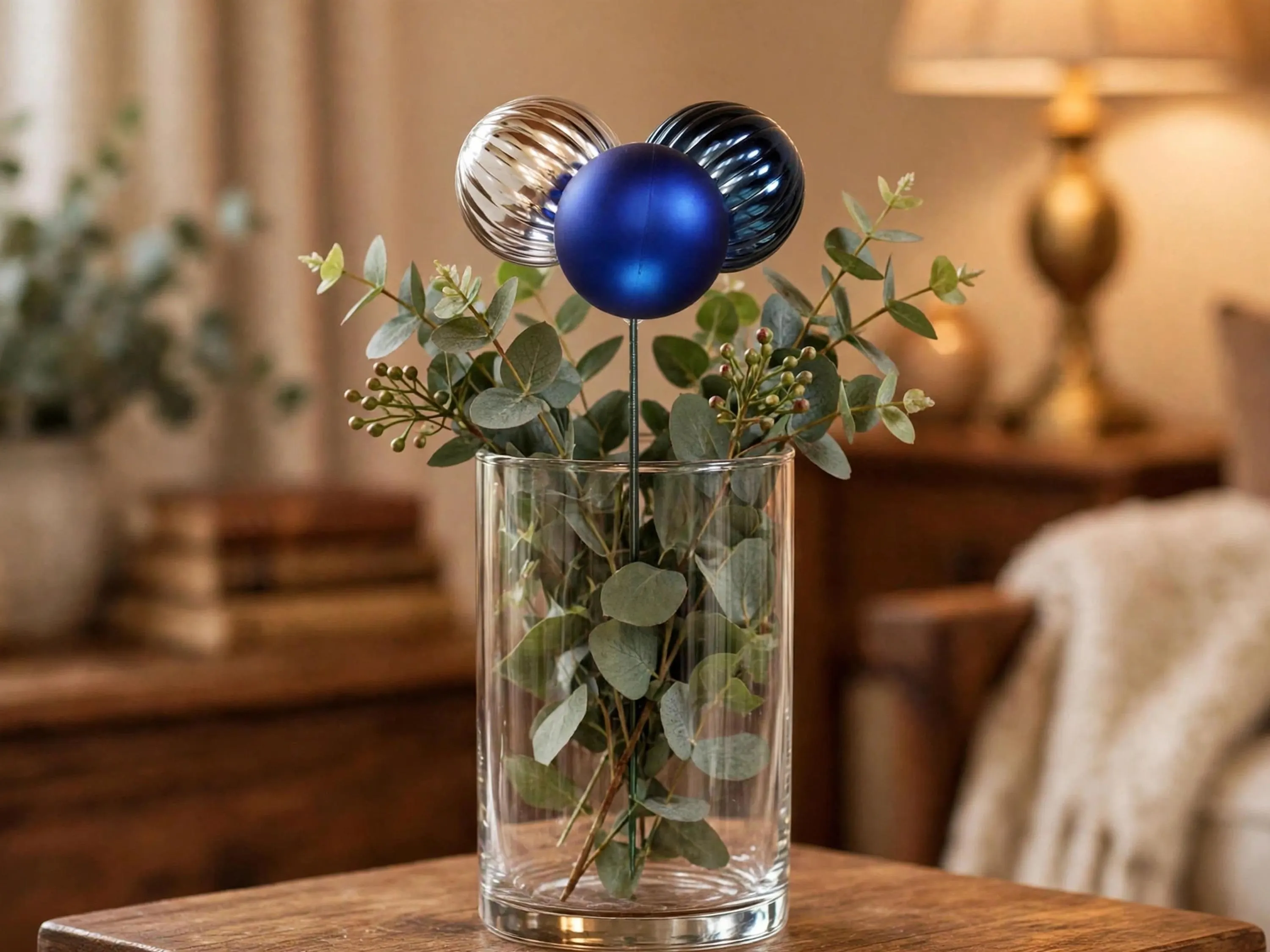 Blue Silver Multi Ball Pick, 3 Ball Floral Pick 4.5 Inch, Christmas Floral Pick, Holiday Craft Supply
