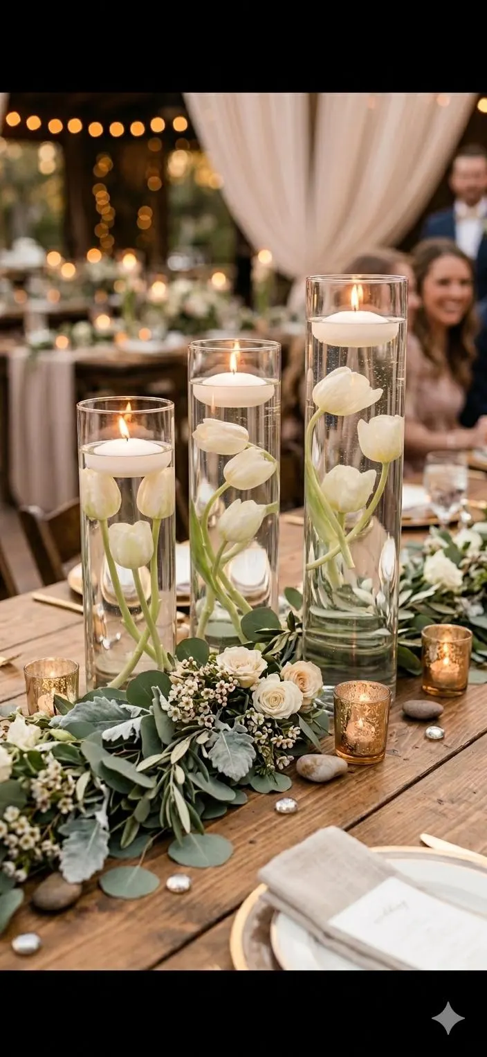 Submersible Fresh Touch White Day Dream Tulip Floral Wedding Centerpiece with Floating Candles and Acrylic Crystals Kit