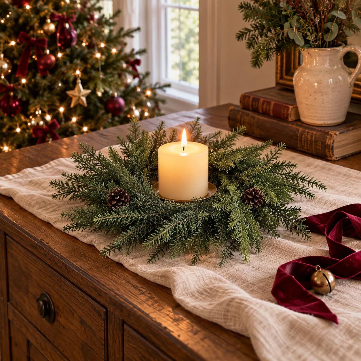 14 Inch Fresh Touch Noble Fir Candle Ring with Pinecones, Small Christmas Wreath, Holiday Table and Mantel Decor