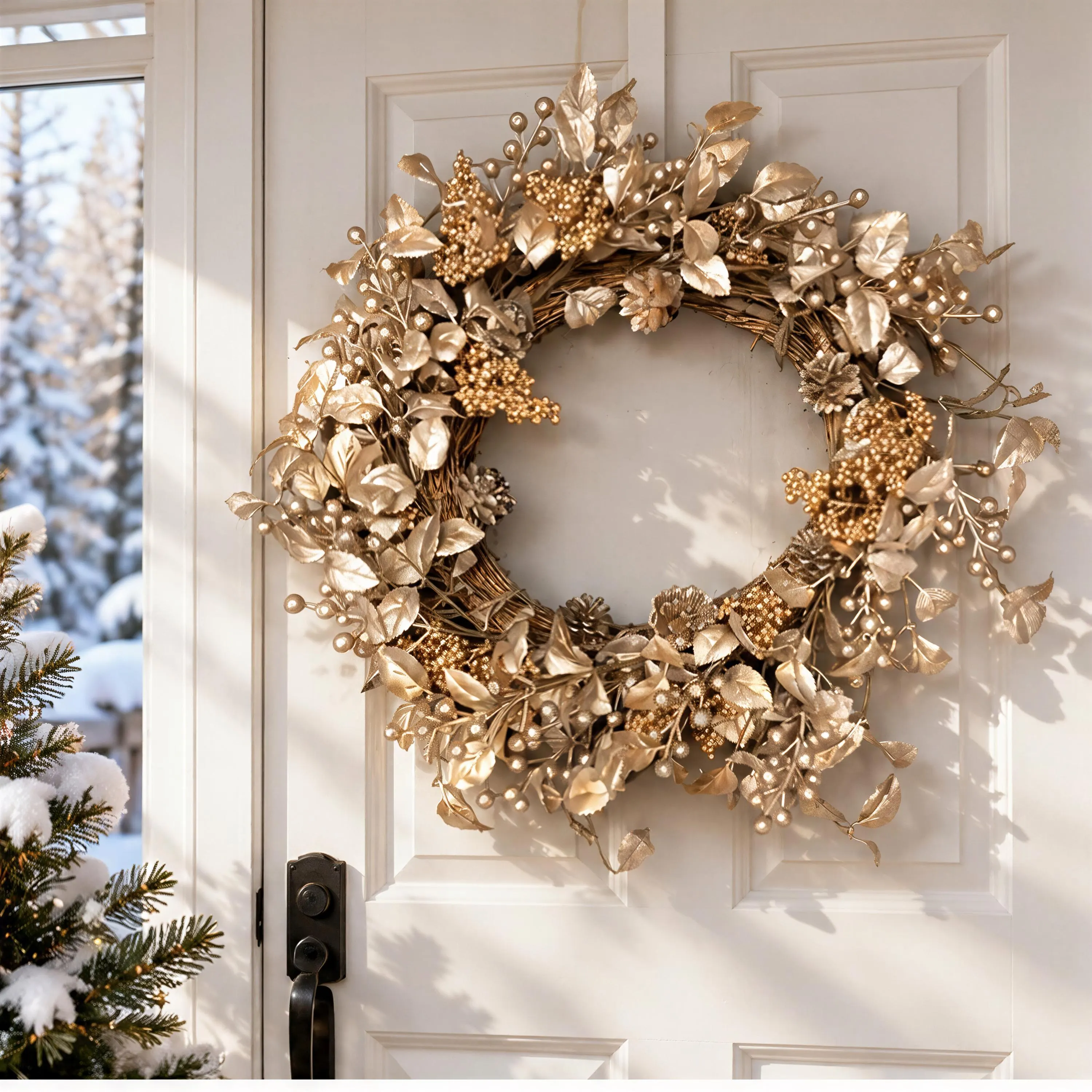 18 Inch Gold Christmas Wreath with Metallic Leaves, Berries and Pine Cones, Elegant Holiday Door Decor