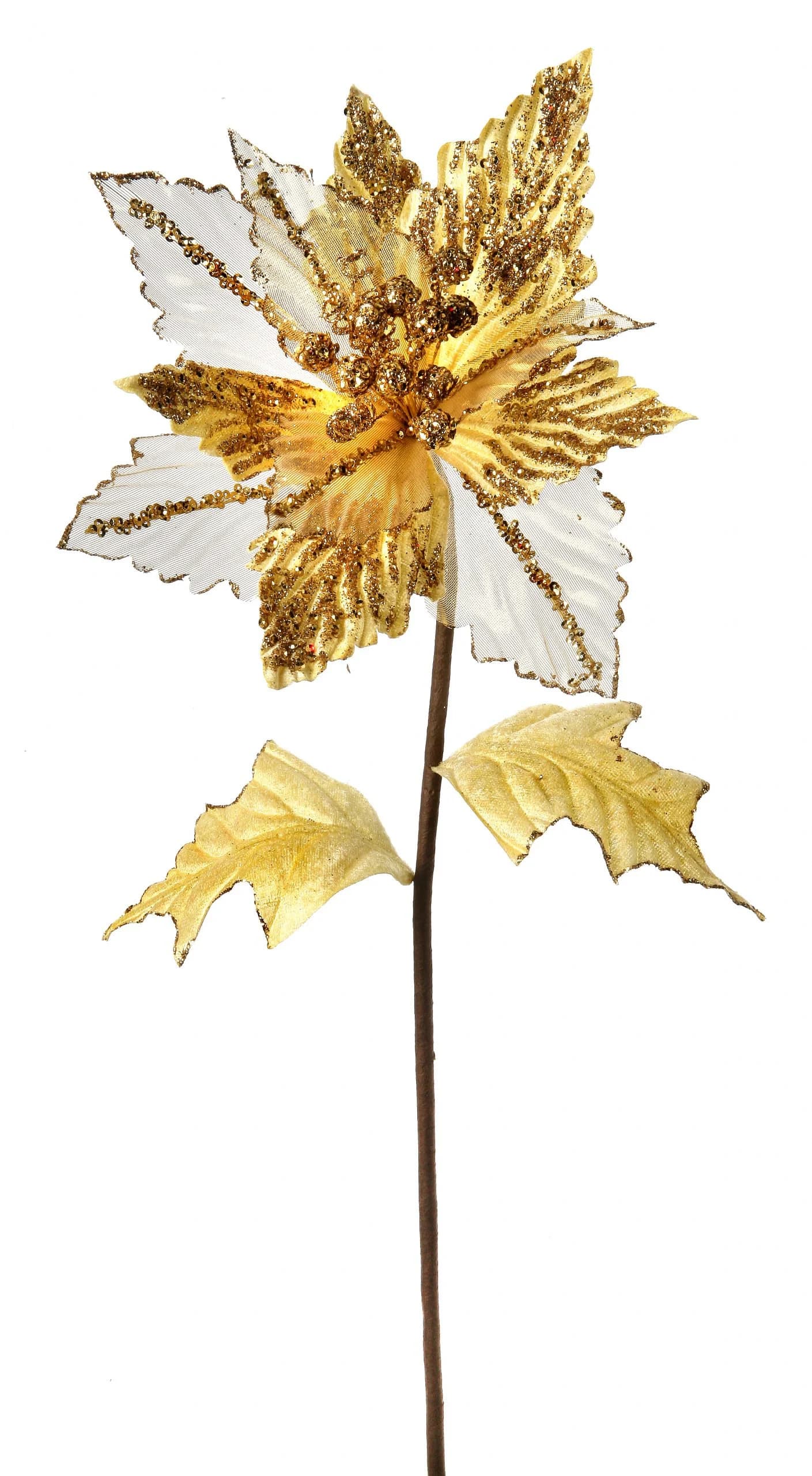 28" Gold Glitter Velvet Sheer Poinsettia/Holiday Decor/Christmas Decorations/Poinsettia Picks/Poinsettia Flowers/Poinsettia Plants