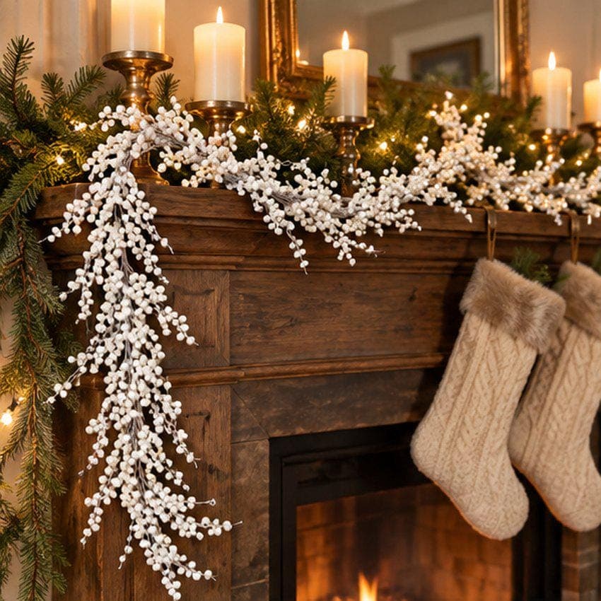 50 Inch White Pearl Berry Christmas Garland, Elegant Winter Mantel and Table Decor