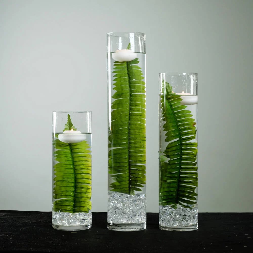 Submersible Evergreen Leaf Fern Floral Wedding Centerpiece with Floating Candles and Acrylic Crystals Kit