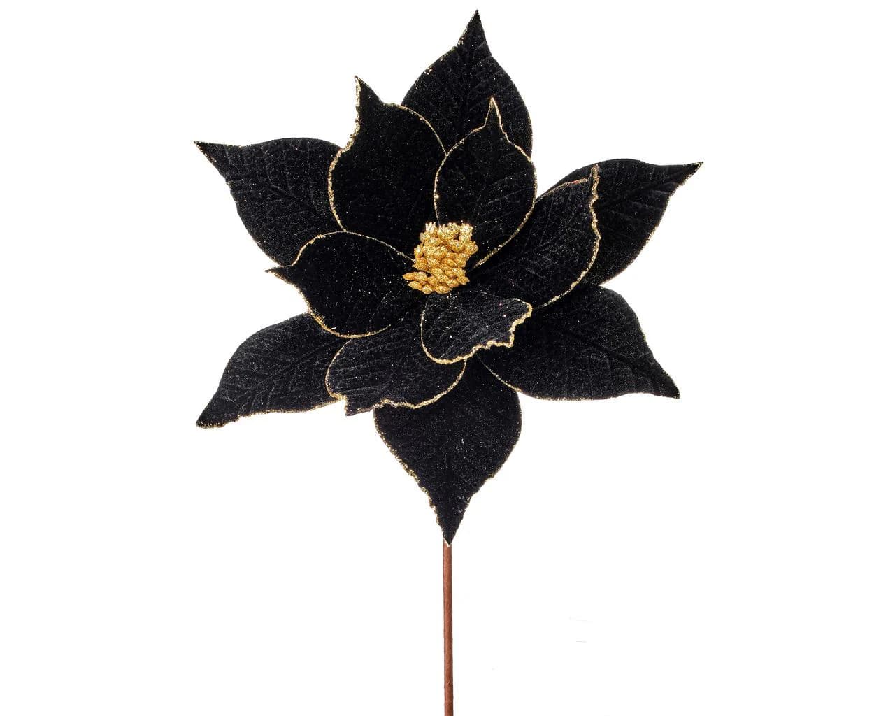22" Black & Gold Velvet Glitter Edge Poinsettia/Holiday Decor/Christmas Decorations/Poinsettia Picks/Poinsettia Flowers/Poinsettia Plants
