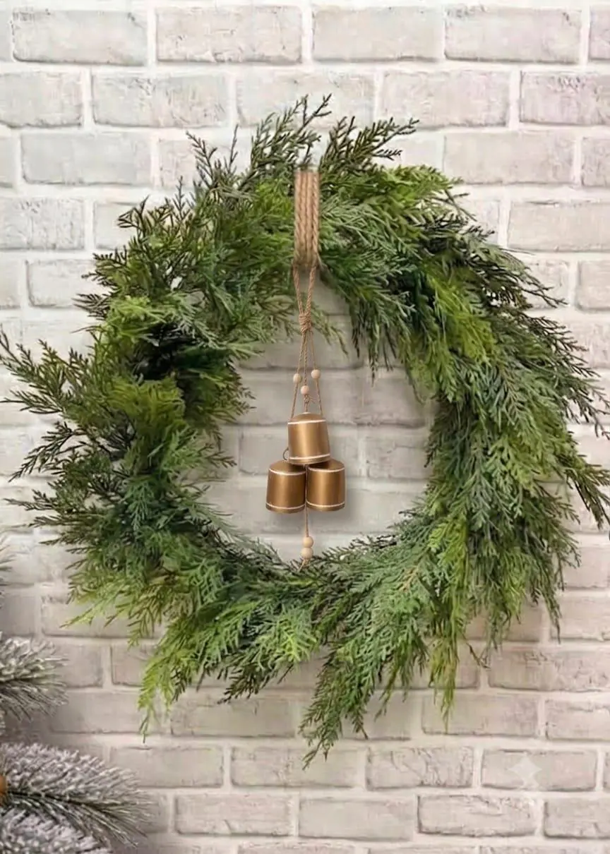 24" Fresh Touch Northern White Cedar Wreath with Rustic Metal Bells | Artificial Winter & Holiday Greenery Decor, Farmhouse Christmas Wreath