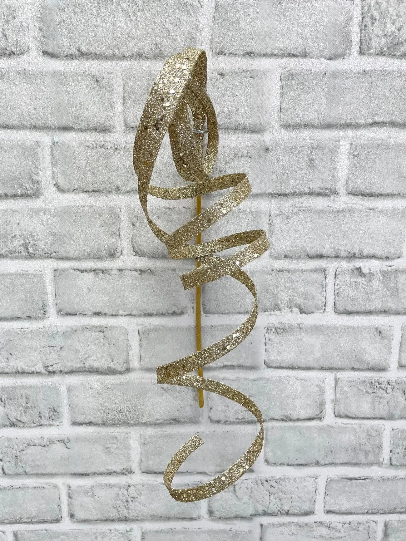 14.5" Champagne Glitter Curly Ribbon Spray, Faux Christmas Floral Pick, Artificial Sparkling Whimsical Stem, Metallic Winter Wreath Filler