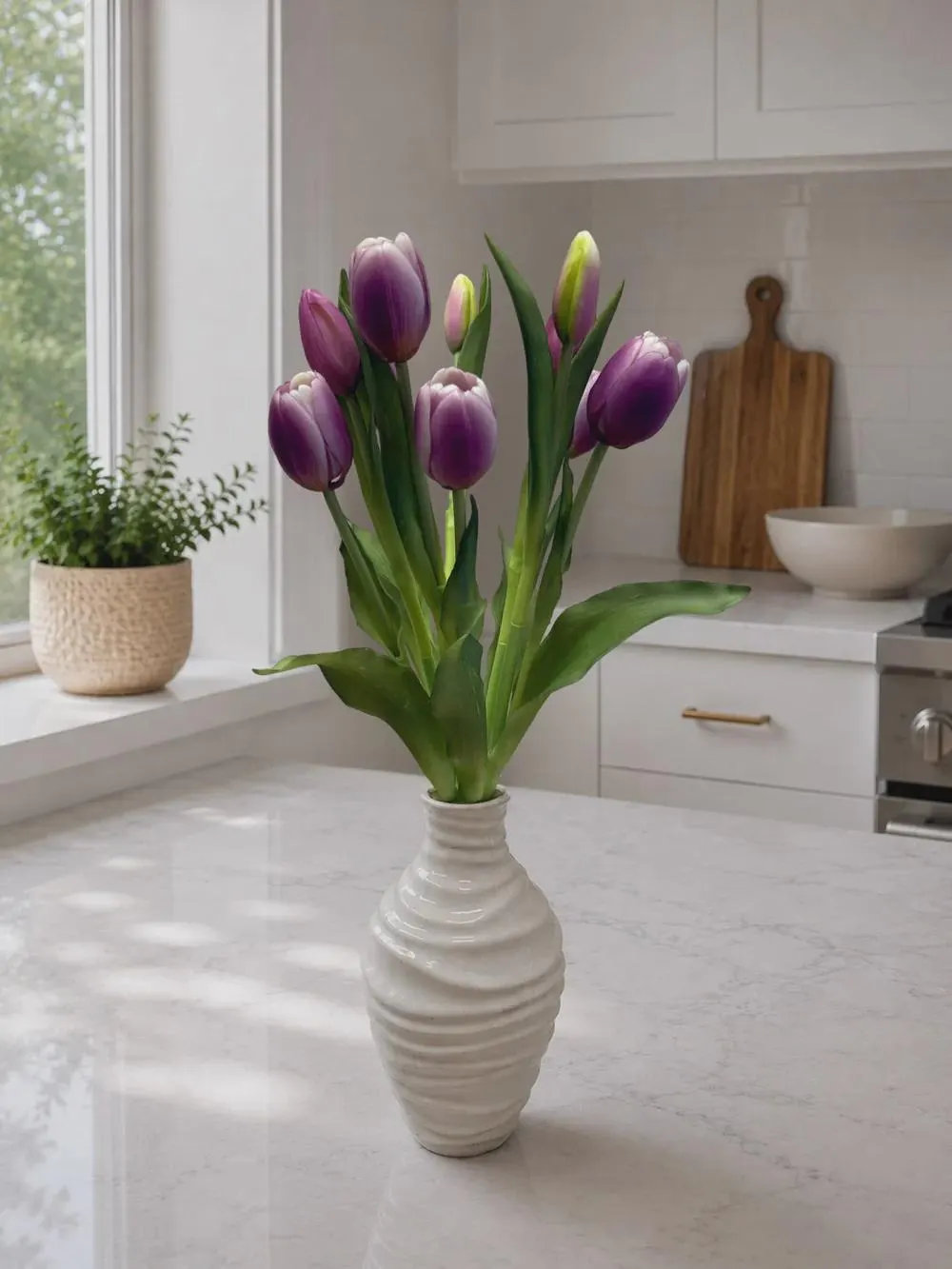 18" Dynasty Lavender White Tulip Bundle (10 Stems) – Fresh Touch Faux Purple White Tulip Pick, 6 Flowers and 4 Buds for Vases & Decor