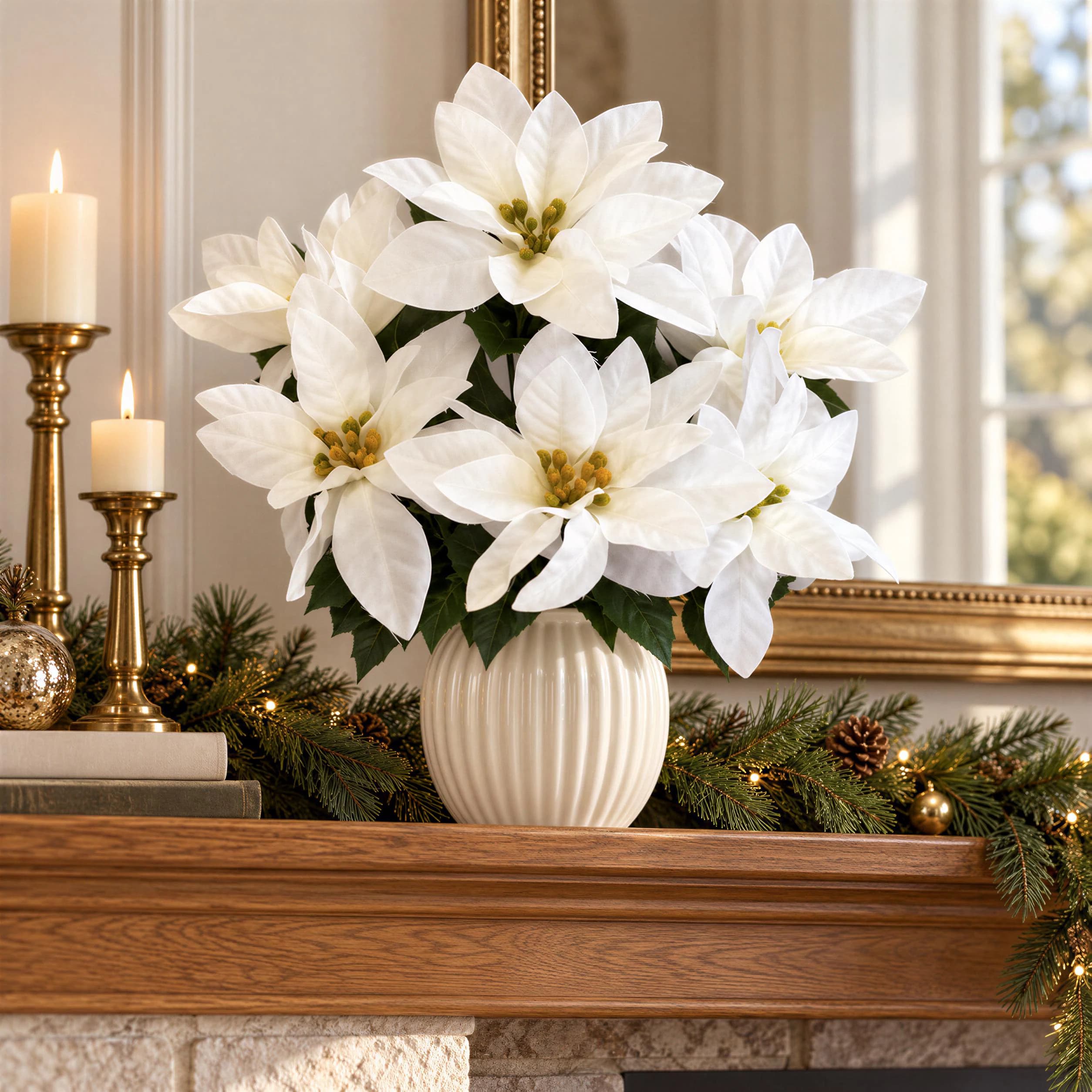 8 Heads, 17 Inch White Poinsettia Bush, Artificial Christmas Flowers