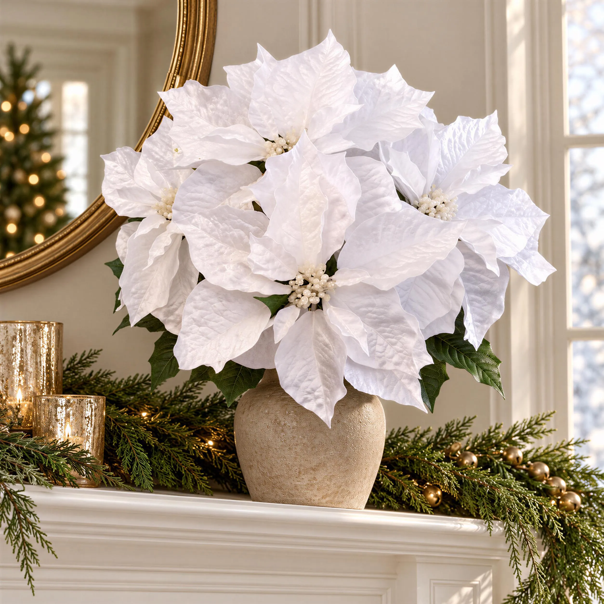 21 Inch White Velvet Poinsettia Bush, Artificial Christmas Flowers