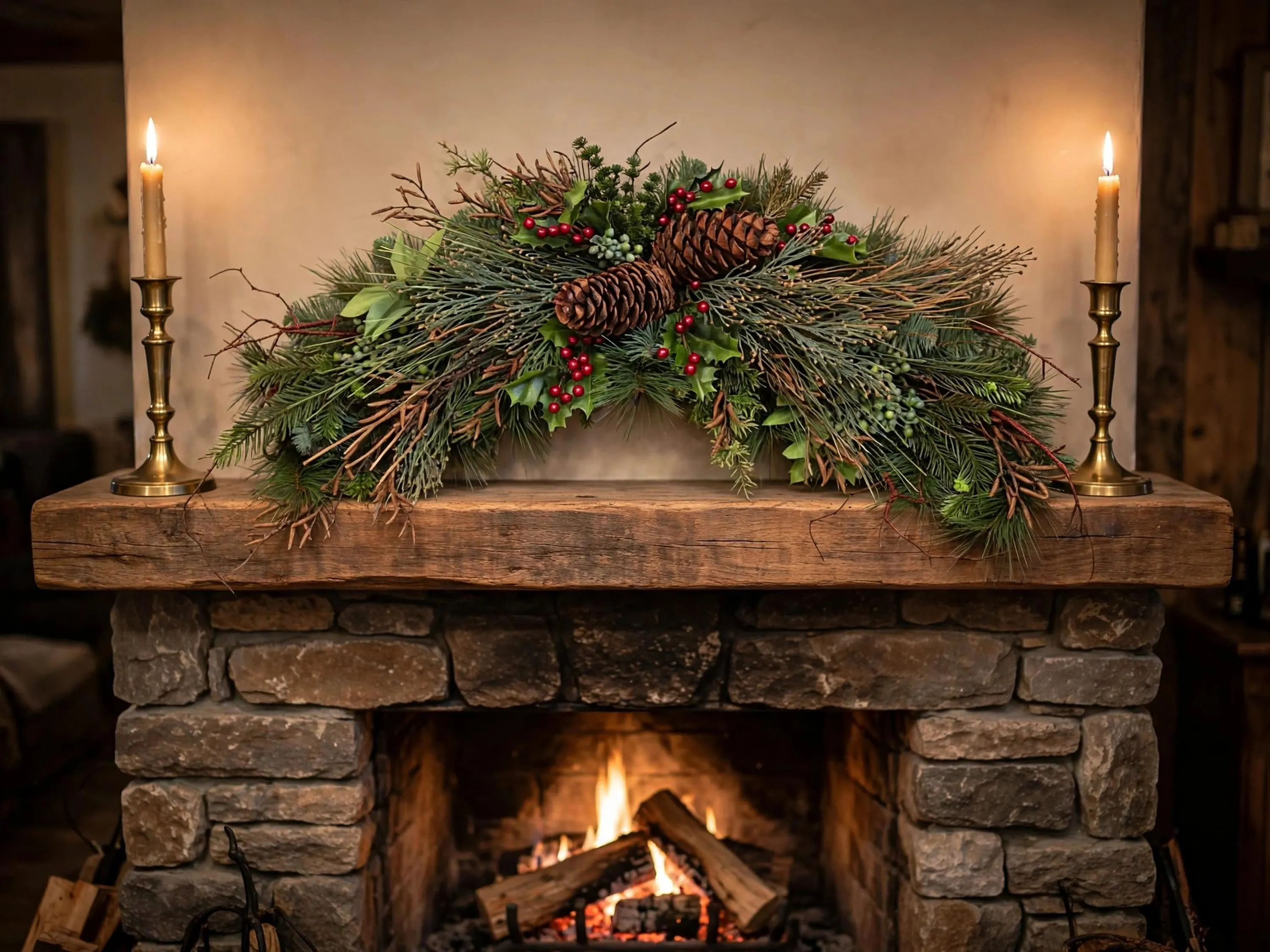 36 In Mixed Pine Christmas Swag with Holly, Large Pine Door Swag, Holly Berry Holiday Wall Hanging Decoration