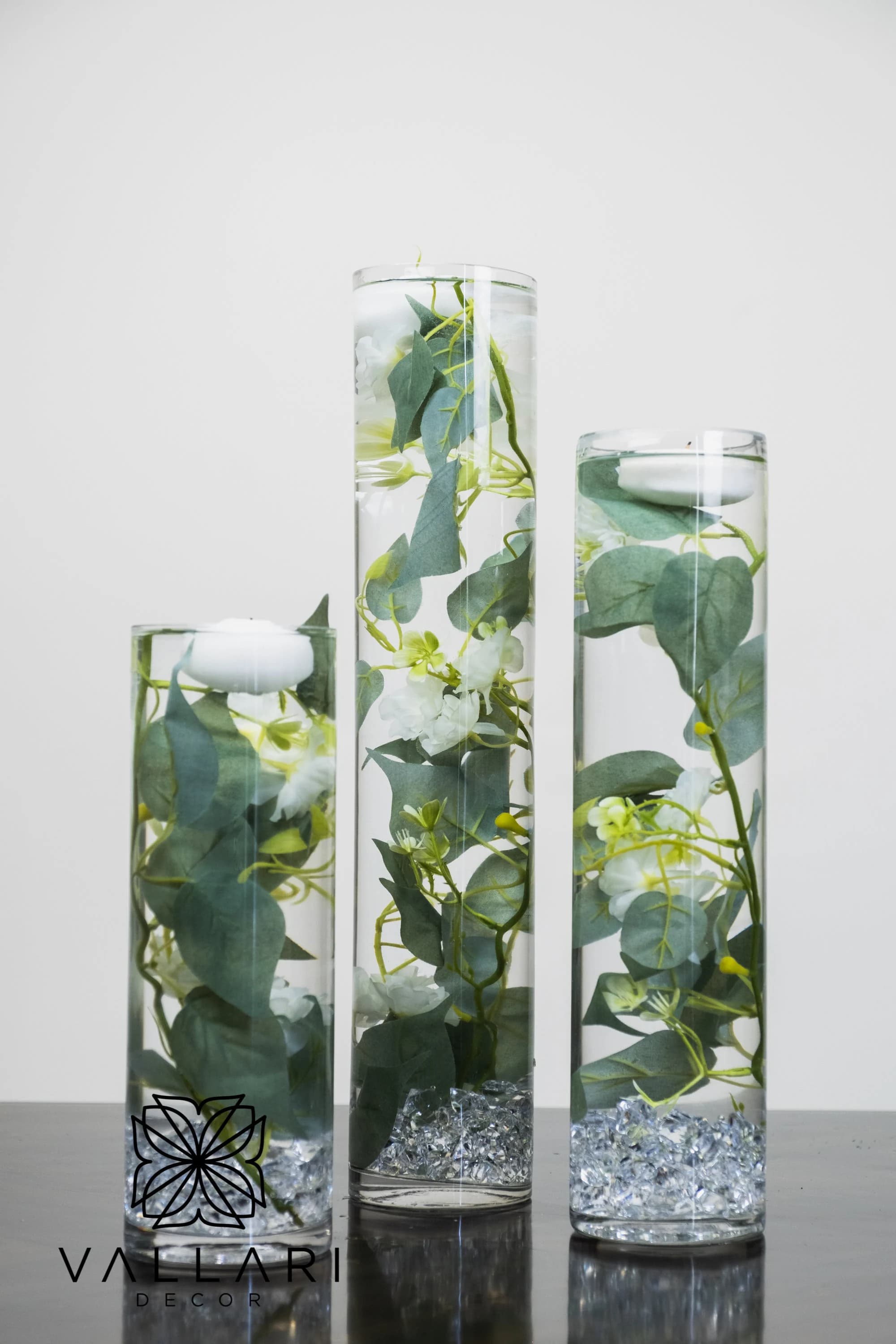 Submersible White/ Pink Vine Floral Kit/ Floral Wedding Centerpiece with Floating Candles and Acrylic Crystal Kit