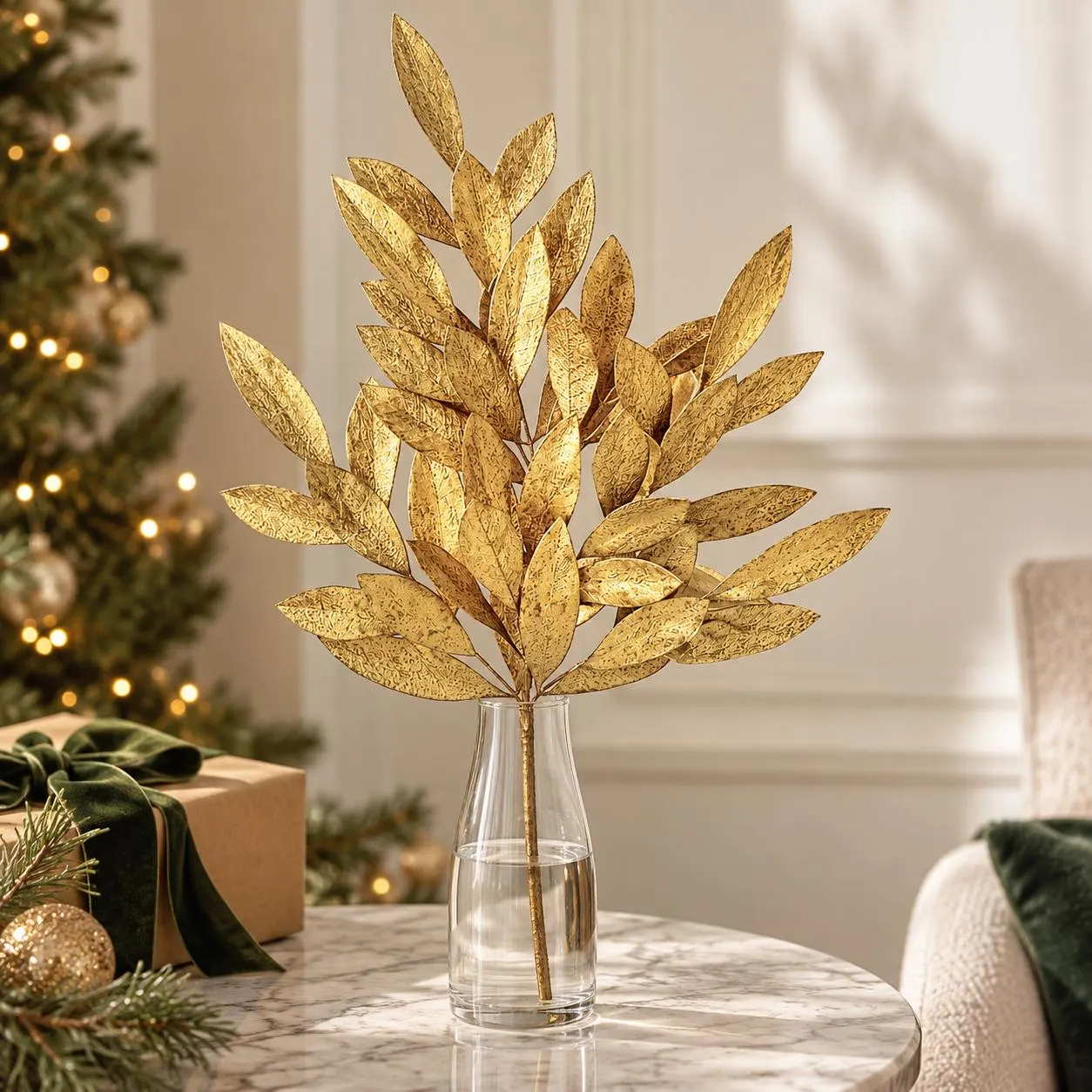 24" Gold Bay Leaf Spray, Faux Patina Foliage Stem for Christmas Trees, Wreaths & Floral Arrangements