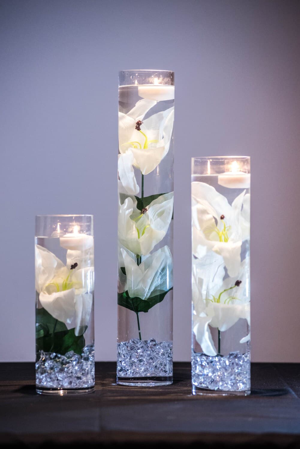 Submersible White Tiger Lily  Floral Wedding Centerpiece with Floating Candles and Acrylic Crystals Kit