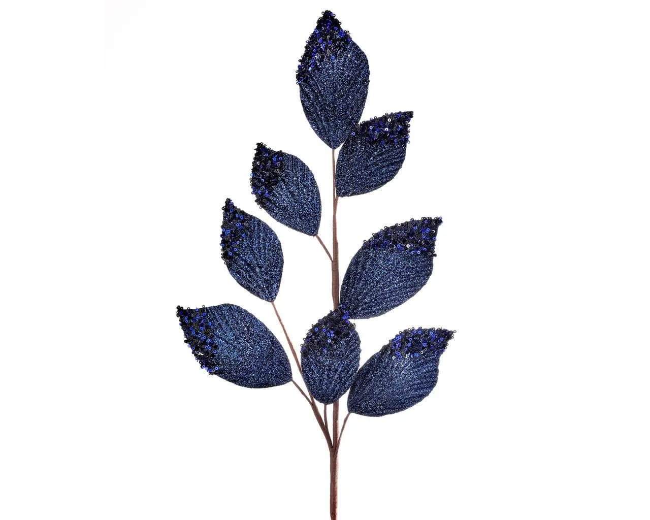 26" Midnight Blue Leaf Spray – Glitter & Sequin Tip Artificial Foliage Stem, Sparkly Navy Blue Branch for Holiday and Wedding Decor