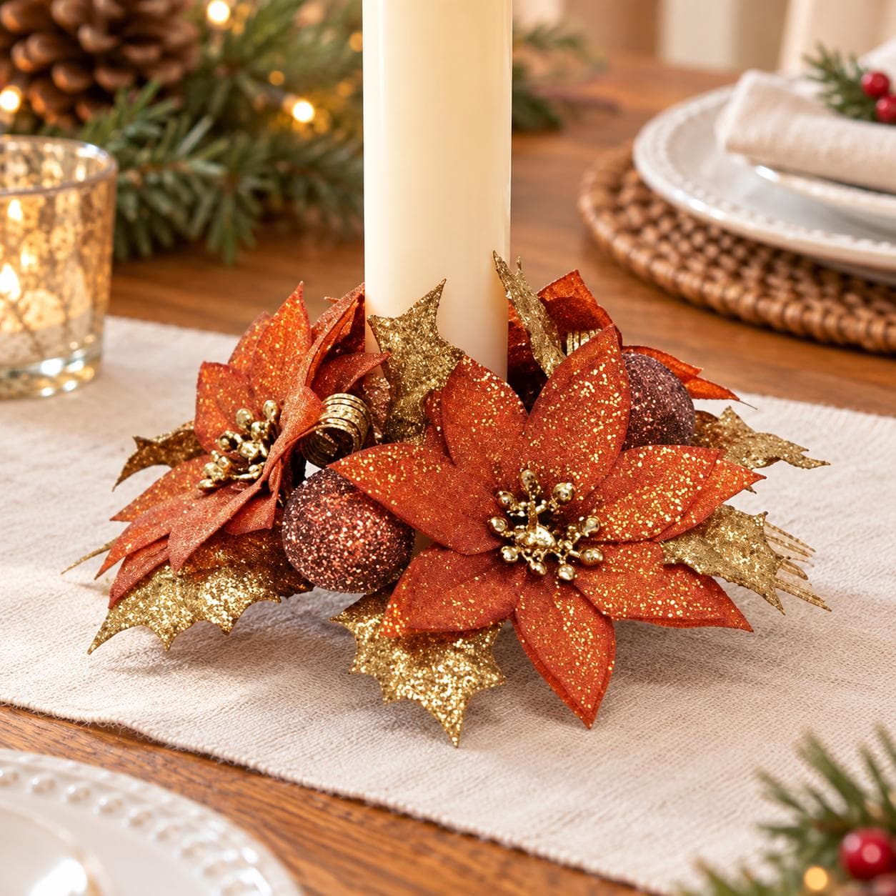 4.5-inch Copper Poinsettia Candle Ring, Fits 1-inch Candle, Christmas Table Decor