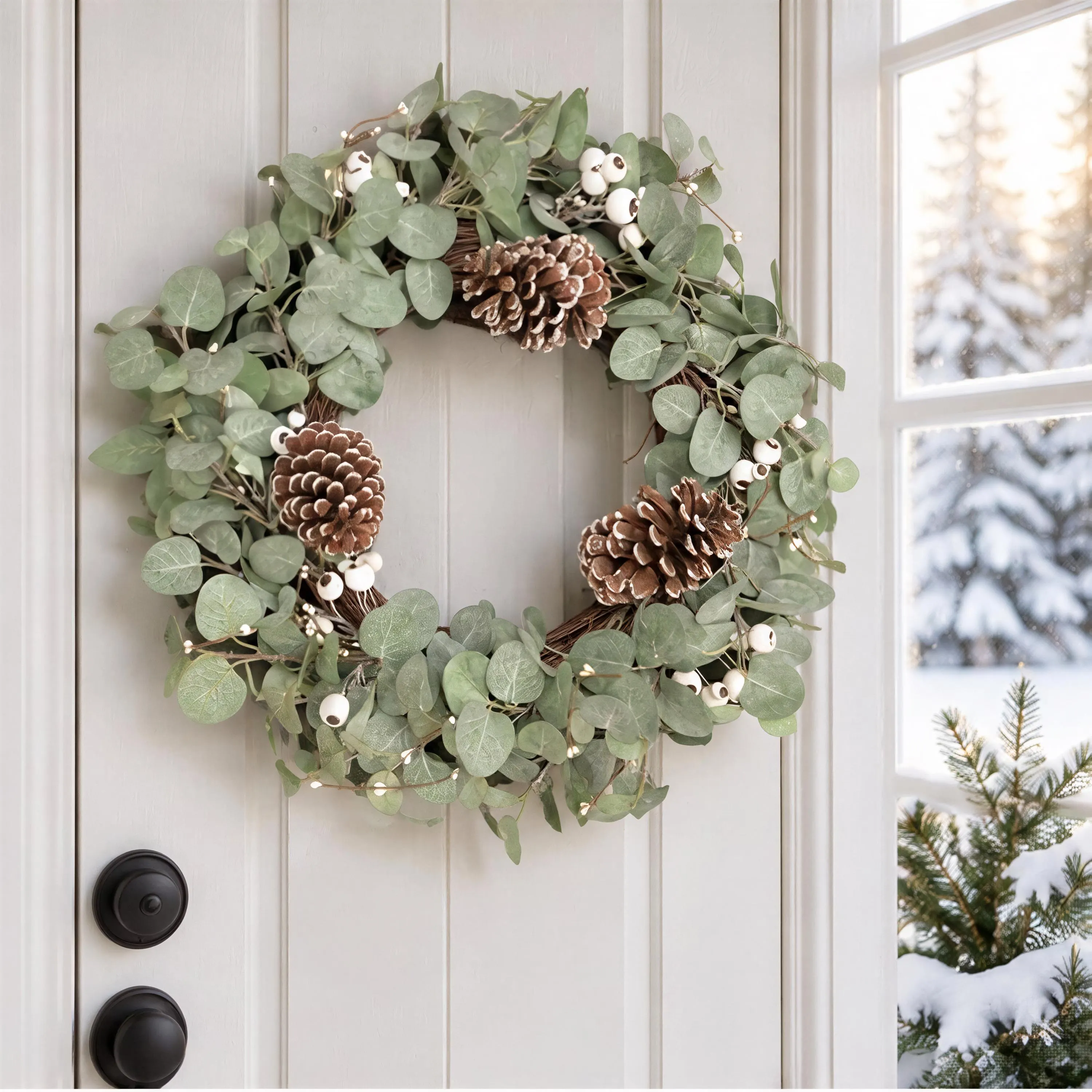22 Inch Eucalyptus Christmas Wreath with White Berries and Pine Cones, Natural Green Holiday Door Decor