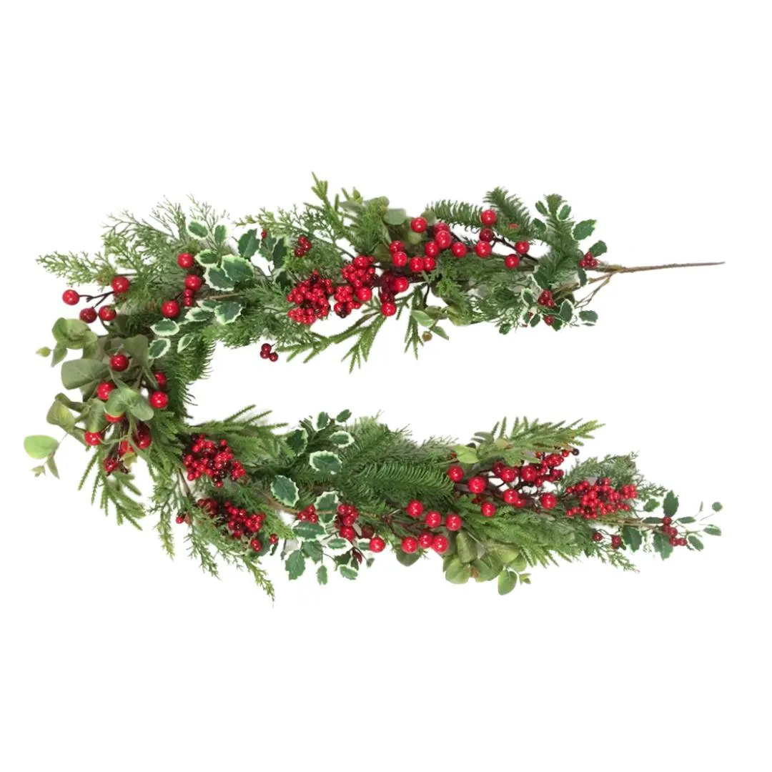 60"/5ft Red Berry and Holly Garland/Dinner Table Centerpiece/Fire Place Mantel Centerpiece/Red Berry/Xmas Decor /Artificial Xmas Centerpiece