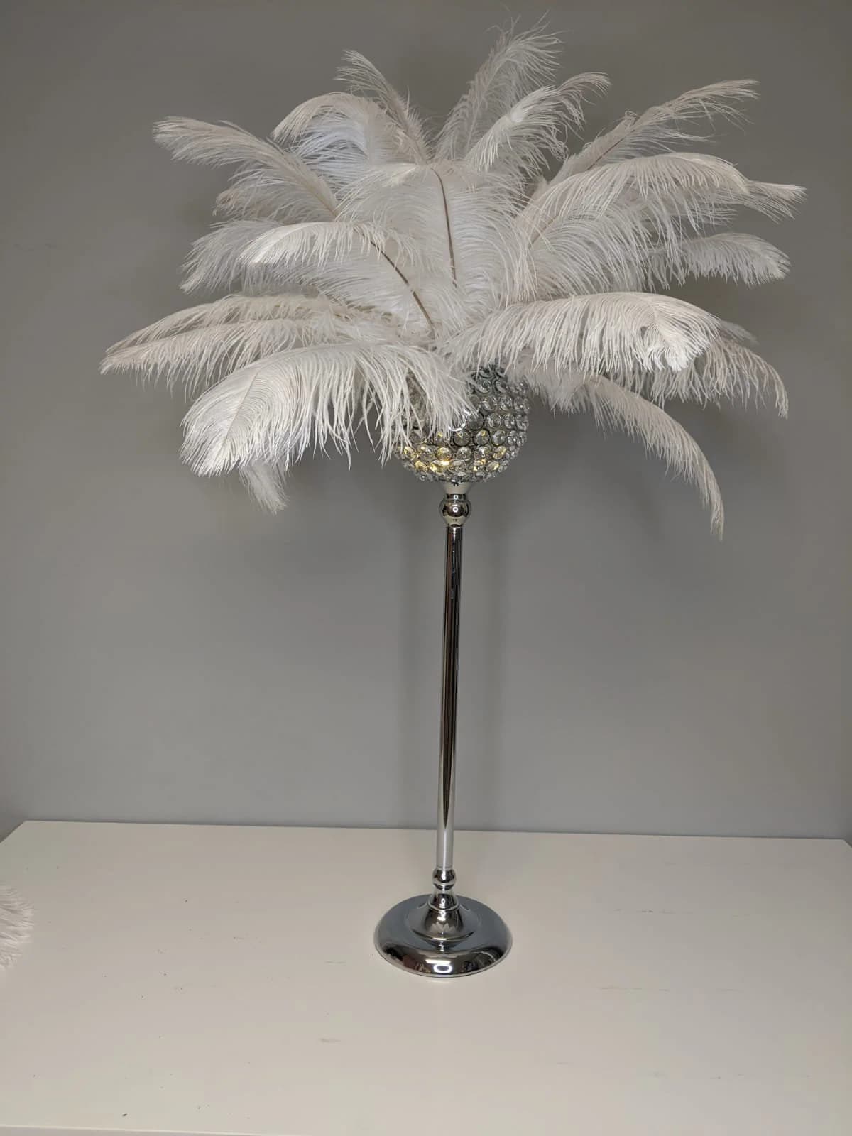 24" Tall Round Silver Globe Gold Crystal Stand Ostrich Feather Centerpiece for Great Gatsby/Wedding/Old Hollywood/Glitz and Glam themes