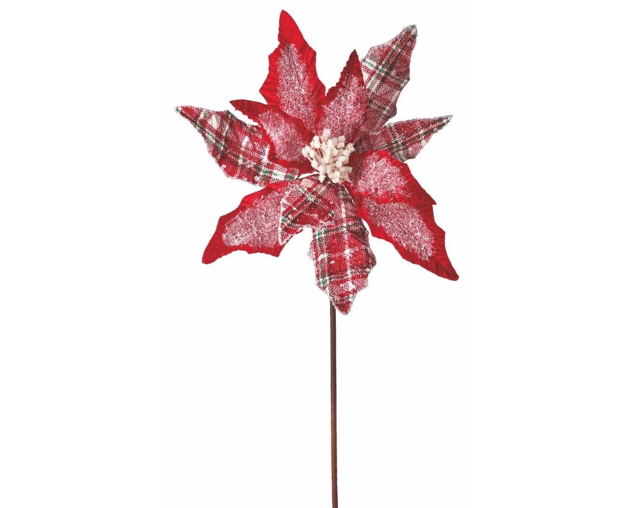 24" Red, White, Green Frosted Plaid Velvet Poinsettia/Holiday Decor/Christmas Decorations/Poinsettia Picks/Poinsettia Flowers/Poinsettia