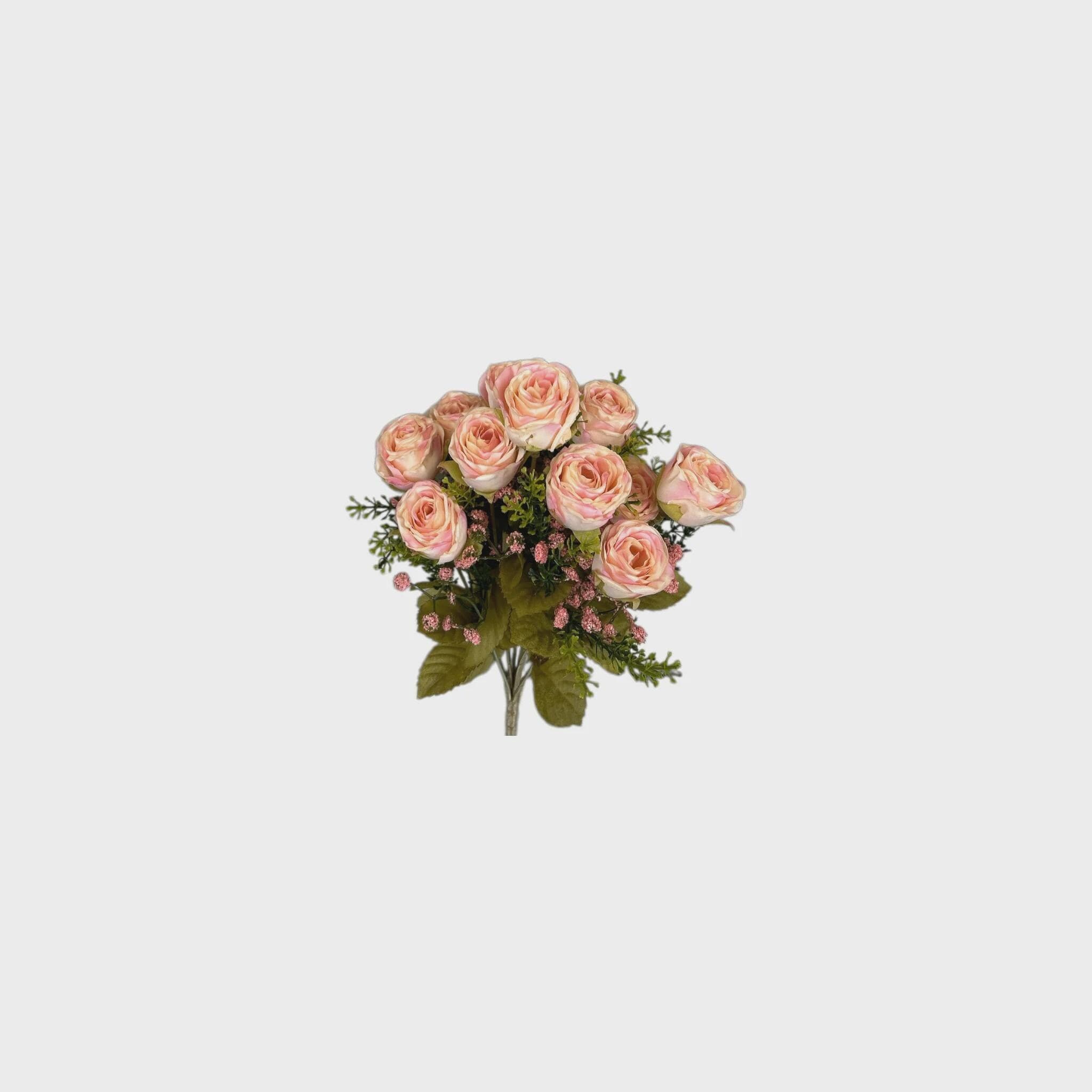 15" Pink Mini Rose Bush | 12 Head Artificial Rose Bush | Faux Rose Flowers | Wedding Floral Bush | Centerpiece Flowers | Home Decor