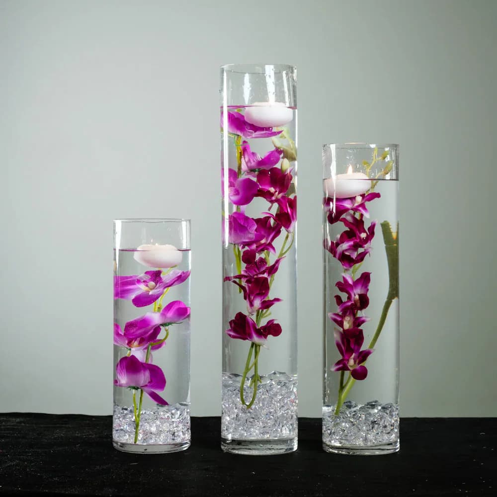 Submersible Purple/Blue/Pink/White/White & Purple/ Yellow Orchids Floral Wedding Centerpiece with Floating Candles and Acrylic Crystals Kit