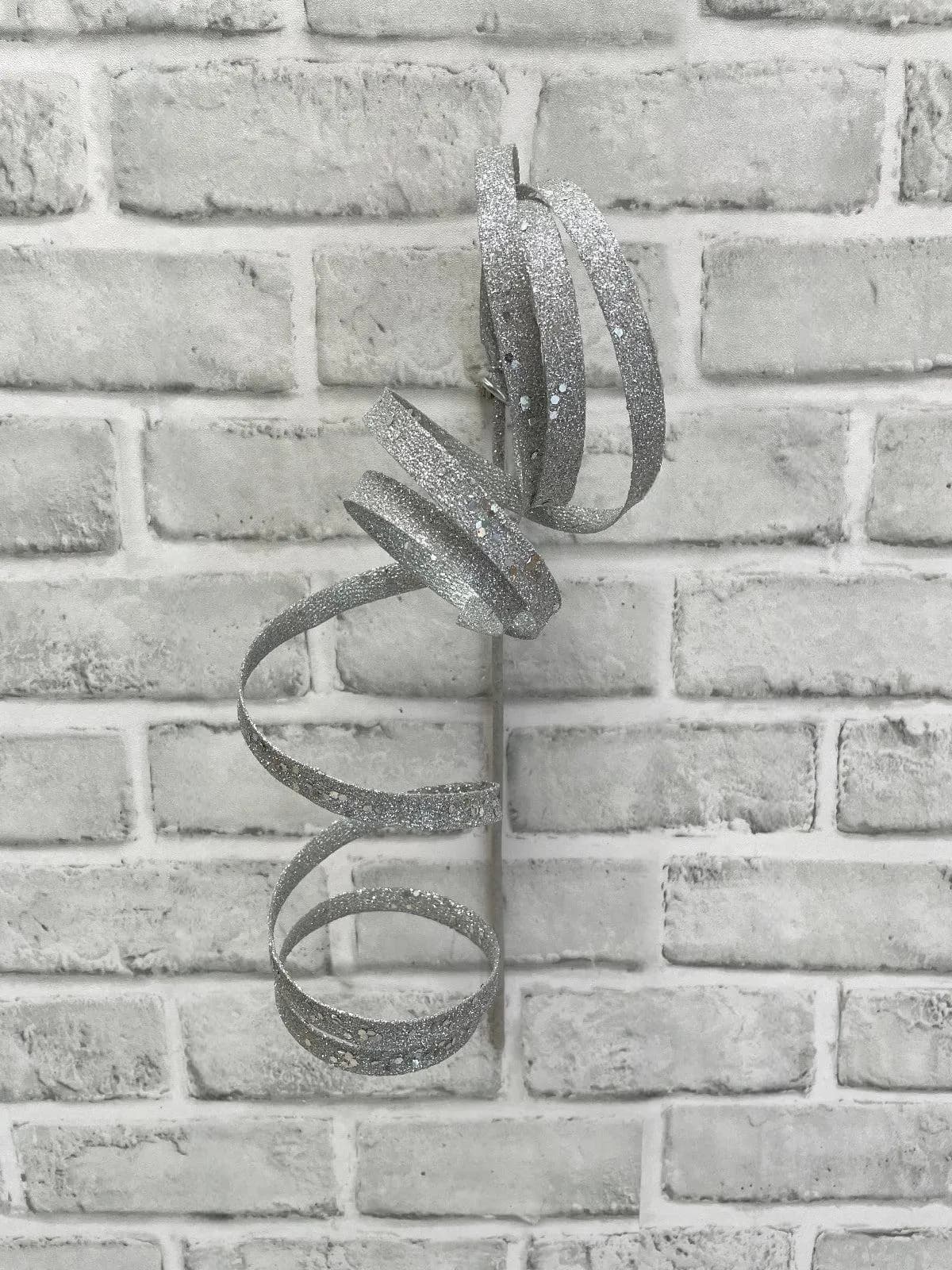 14.5" Silver Glitter Curly Ribbon Spray, Faux Christmas Floral Pick, Artificial Sparkling Whimsical Stem, Metallic Winter Wreath Filler