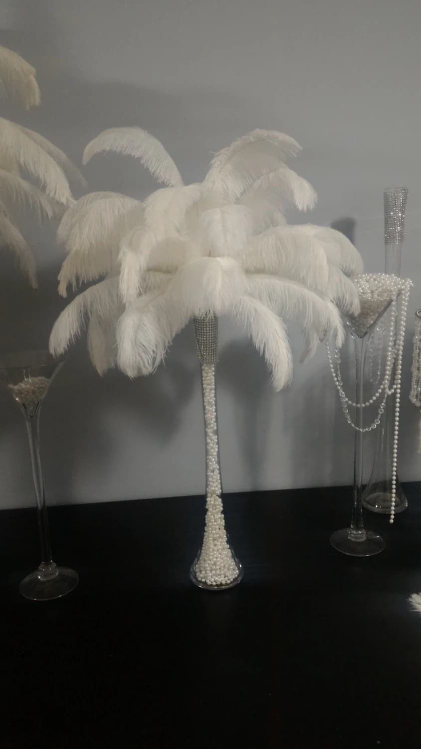 Ostrich Feather Centerpiece with Pearls inside Eiffel Tower Vase