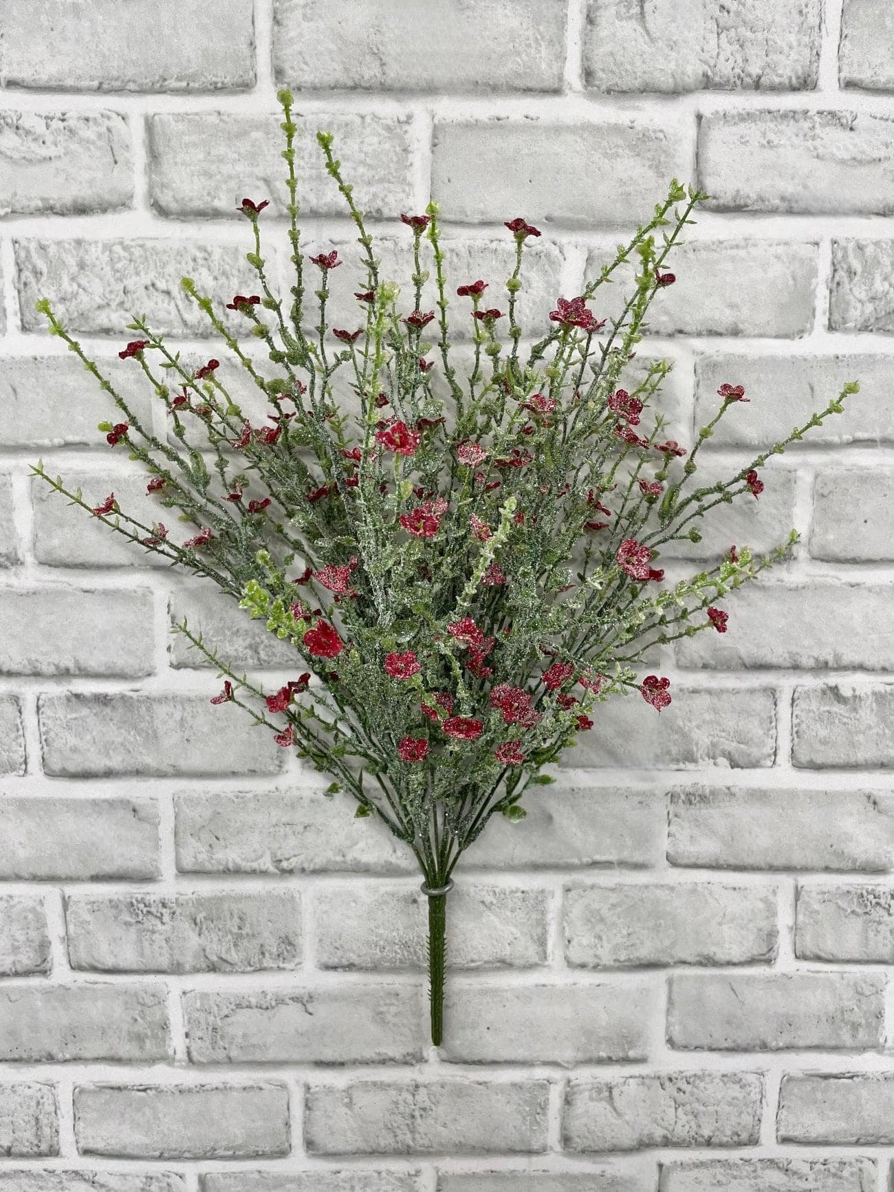 21" Red Glitter Mini Flower Bush, Faux Holiday Floral Pick, Artificial Christmas Bush, Metallic Berry Stem for Wedding Centerpieces