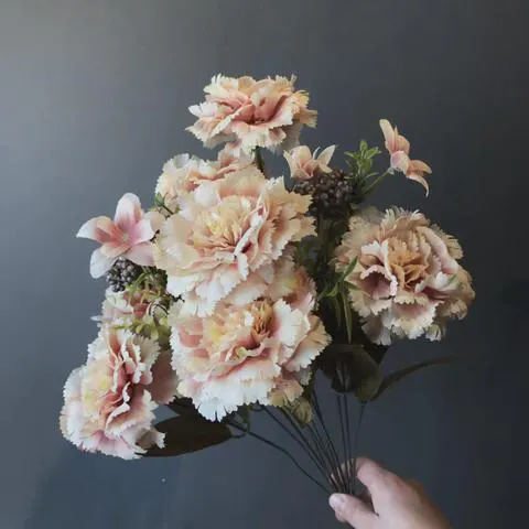 20" Carnation Bunch, Champagne & Blush Mixed Silk Flowers, 9-Head Faux Carnation Spray, Romantic Wedding, Vintage Aesthetic Blooms