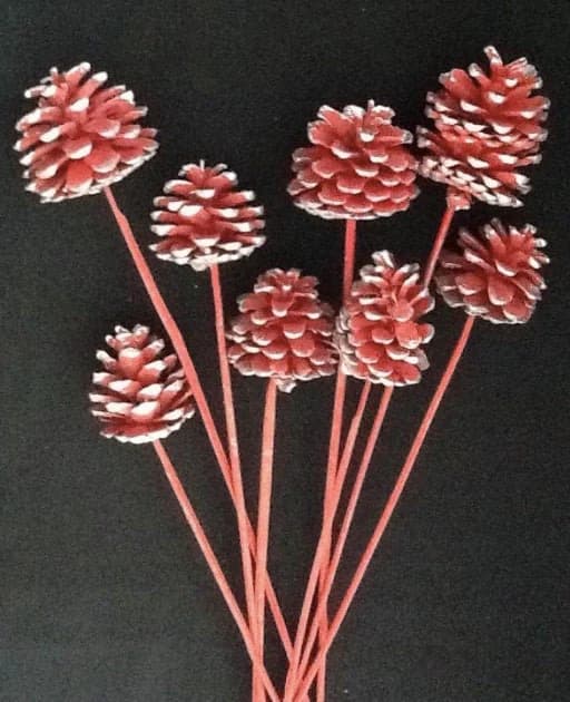 Red W/ Silver Glitter Tip Pine Cones On Sticks 8pc/Cones/Pine Cones On Sticks/ Rustic Bawl Filler,Decoration,  Rustic Table Decor