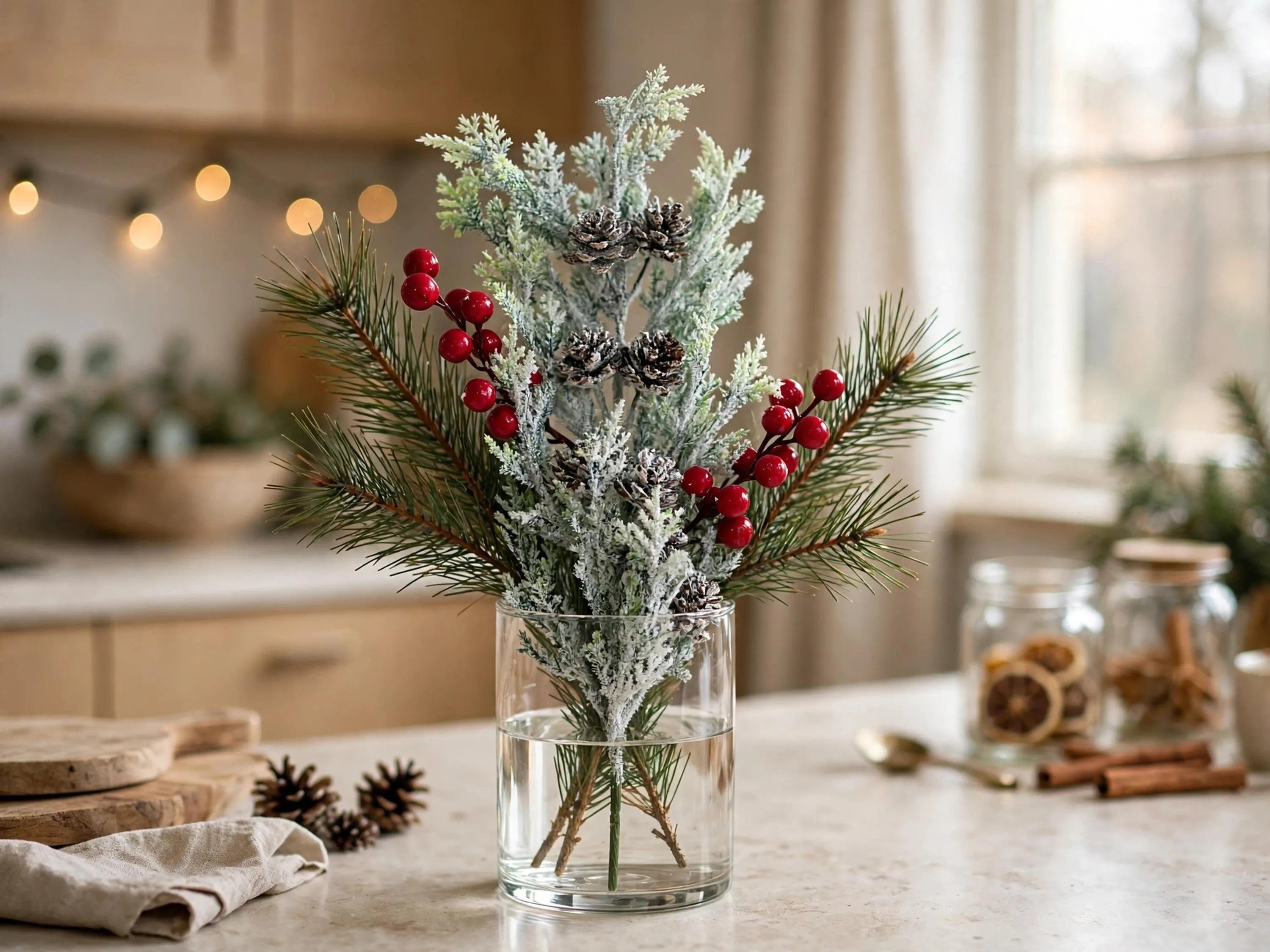 20 Inch Snow Cedar Spray with Cones Berries | Christmas Pine Pick | Red White Holiday Floral Stem