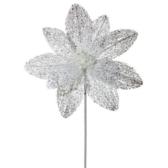 22" White Mica/Glitter Net Poinsettia Spray/ Holiday/Christmas/Winter/White/Holiday Decor/Christmas Decorations/Picks/Flowers/Poinsettia