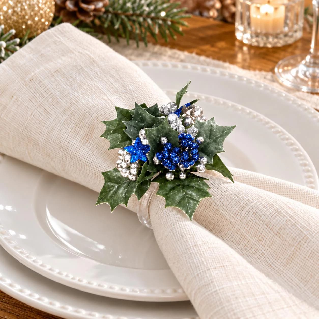 Holly Berry Glitter Star Napkin Ring, Blue and Silver, Christmas Table Decor