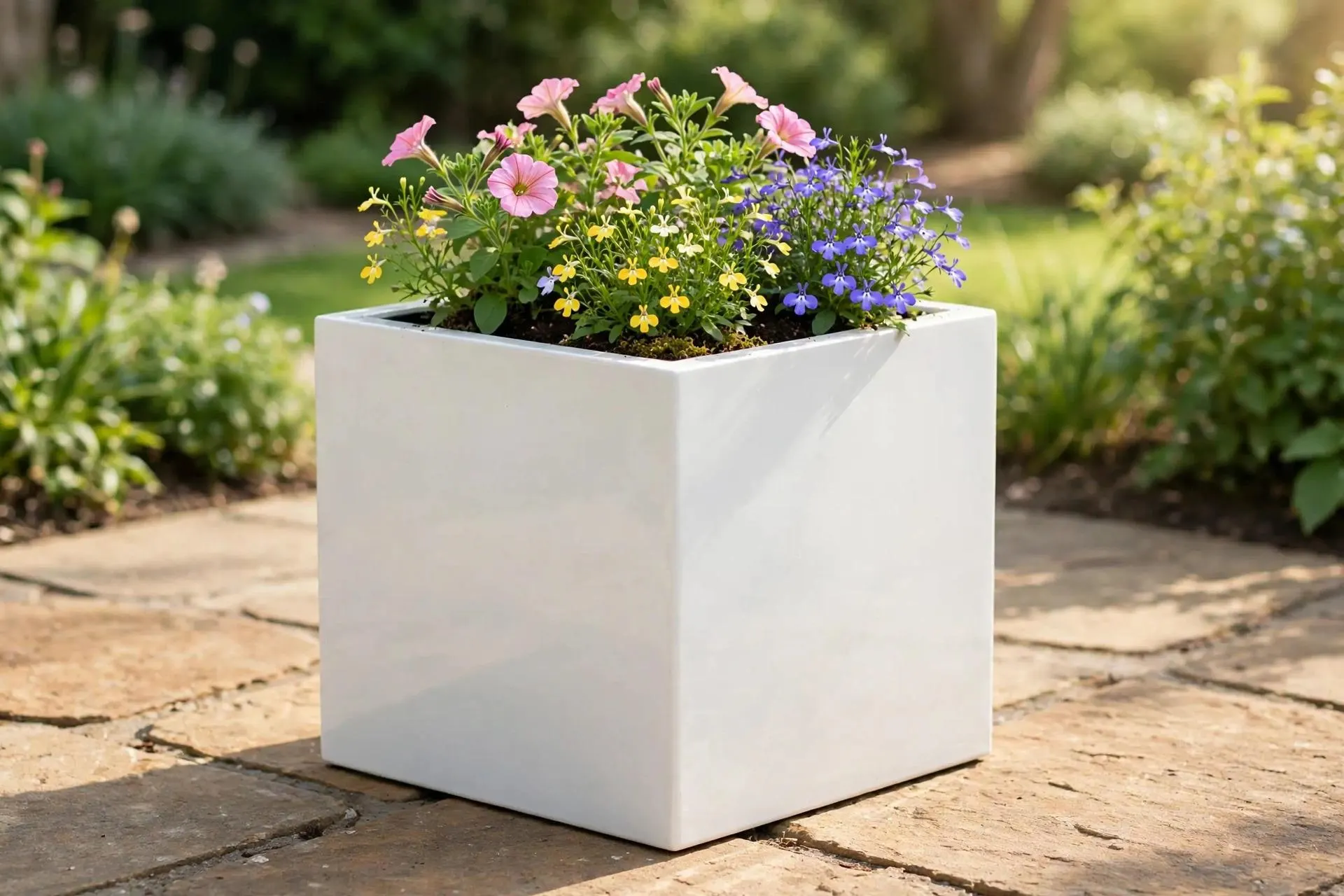 Polystone Square Pot White 12x12 Inch | Lacquered Cube Planter With Insert | Garden Pot