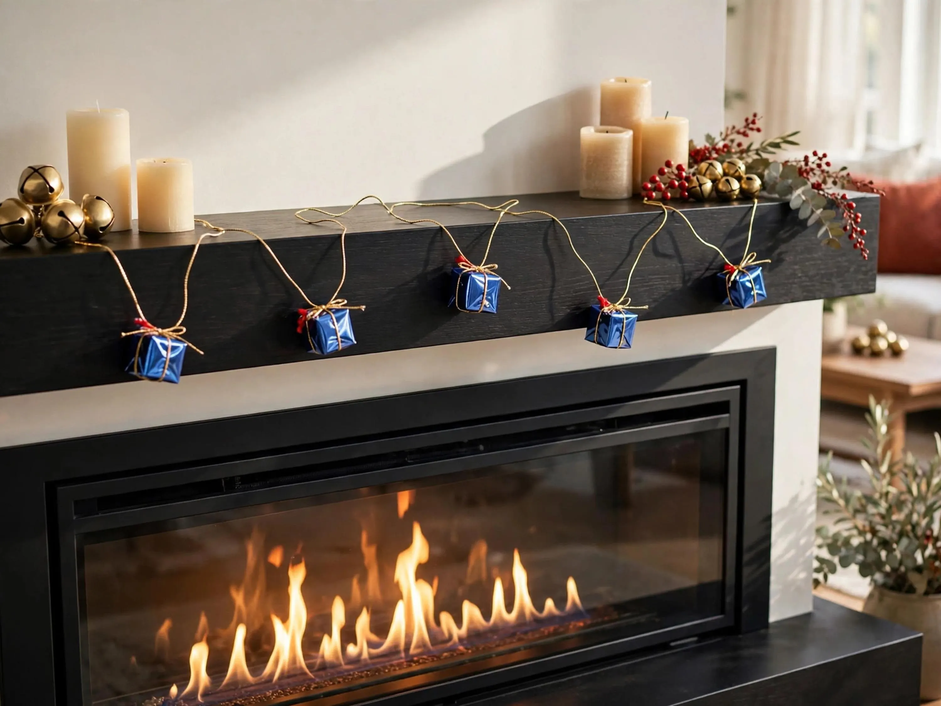 9 Foot Blue Foil Gift Box Garland, 1 Inch Mini Present Garland with Gold Cord, Christmas Tree Mantel Decor