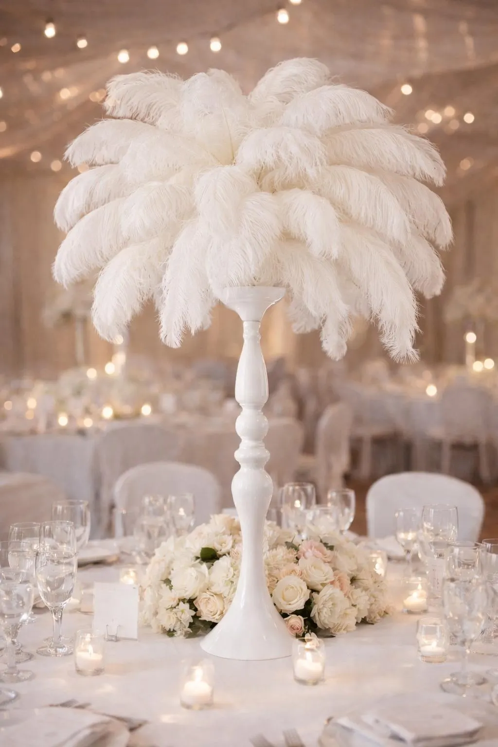 White Ostrich Feather Centerpiece on Pedestal Stand | Wedding Table Decor | Luxury Reception Centerpiece