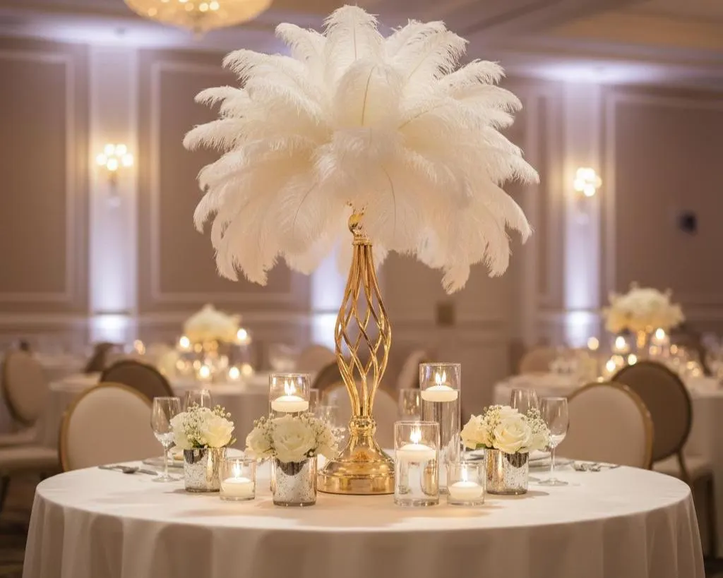 18" White feather Centerpiece With Gold Twist Stand/Gatsby Wedding Decor/Hollywood Regency Table Decor/Quinceanera & Gala Centerpiece