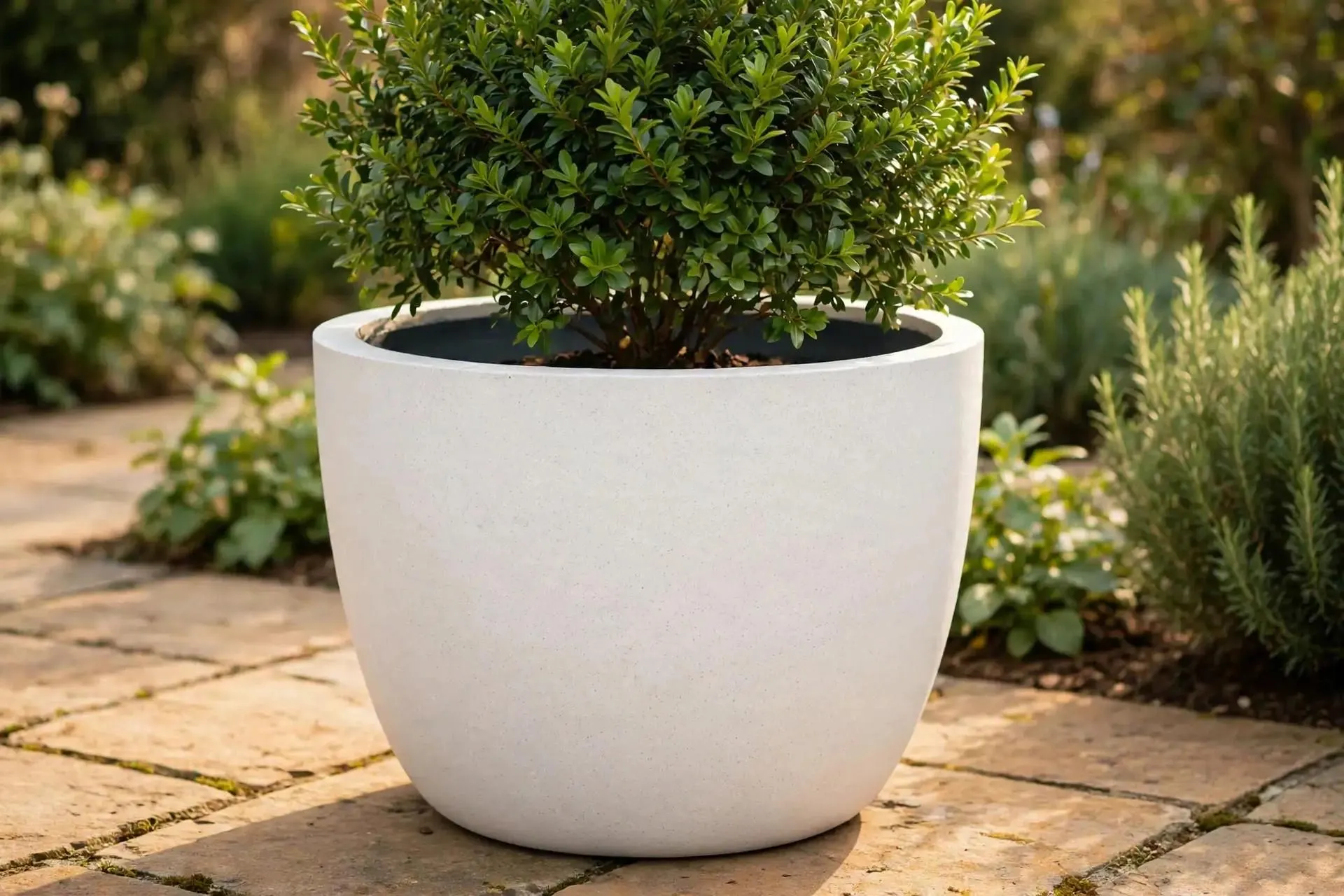 Round Ficonstone Pot White 17.7x13.5 Inch | Large Smooth Stone-Look Planter | Patio Garden Pot