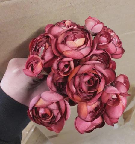 Burgundy 6xMini Silk flower Ranunculus bunch artificial wedding decor
