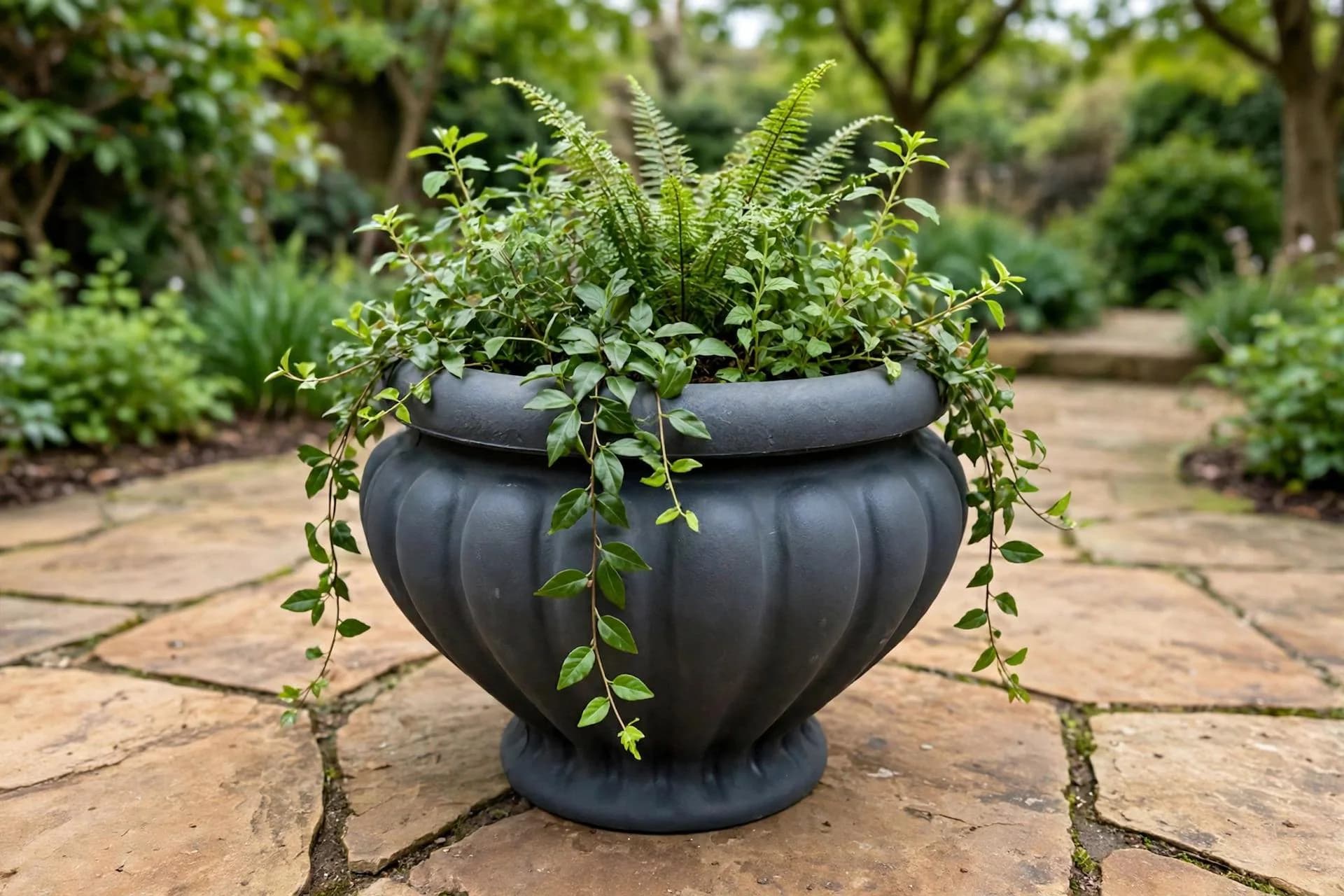 Eco Plastic Fluted Urn Slate 24x17 Inch | Large Lobed Urn Planter Rolled Rim | Garden Statement Pot
