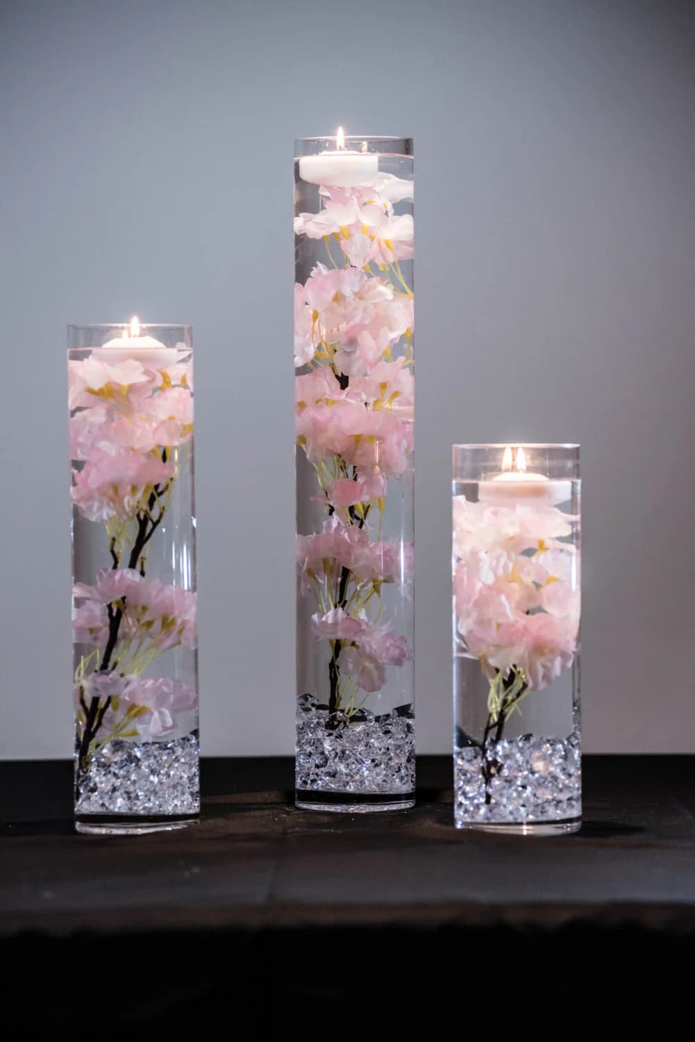 Submersible Pink, White, Blue, turquiose Cherry Blossom Floral Wedding Centerpiece with Floating Candles and Acrylic Crystals Kit