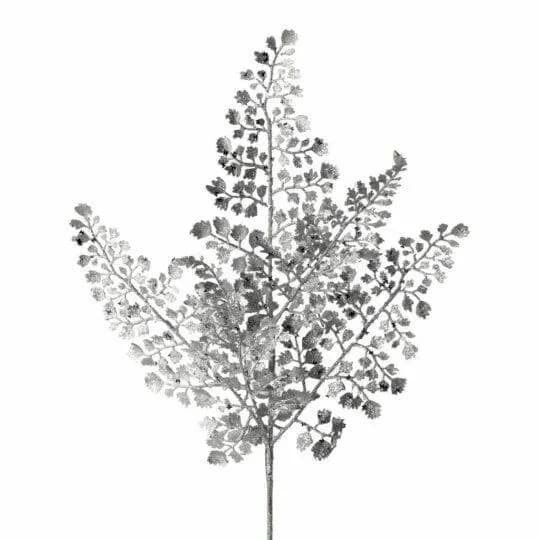 Glitter Silver Maidenhair Fern Spray, 18" Metallic Artificial Foliage,Christmas Greenery, Faux Silver Fern Stem, Winter Wedding Decor