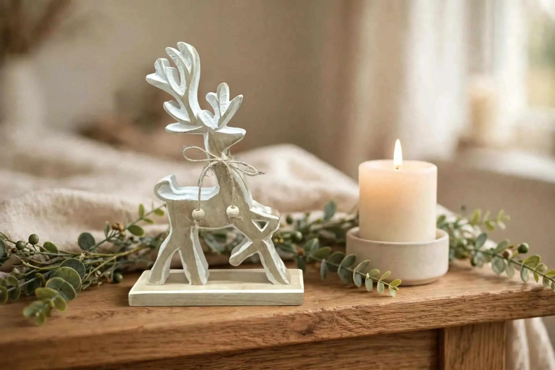 Wooden Reindeer on Base White Wash Small 10.6 Inch | Carved Wood Reindeer Tabletop Decor | Rustic Christmas Figurine